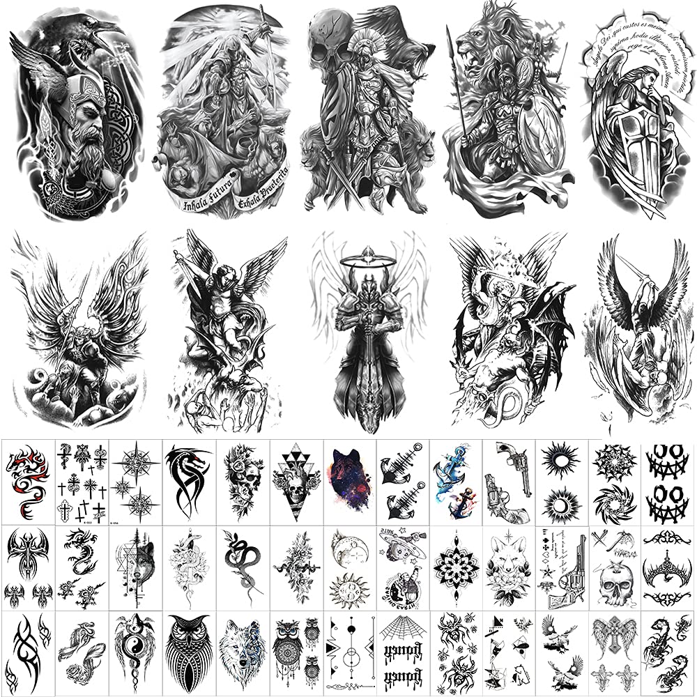 50 Sheets Large Temporary Tattoos for Men Women, Fake Black Sleeve Tattoo Stickers Last Long Body Art Tatoo