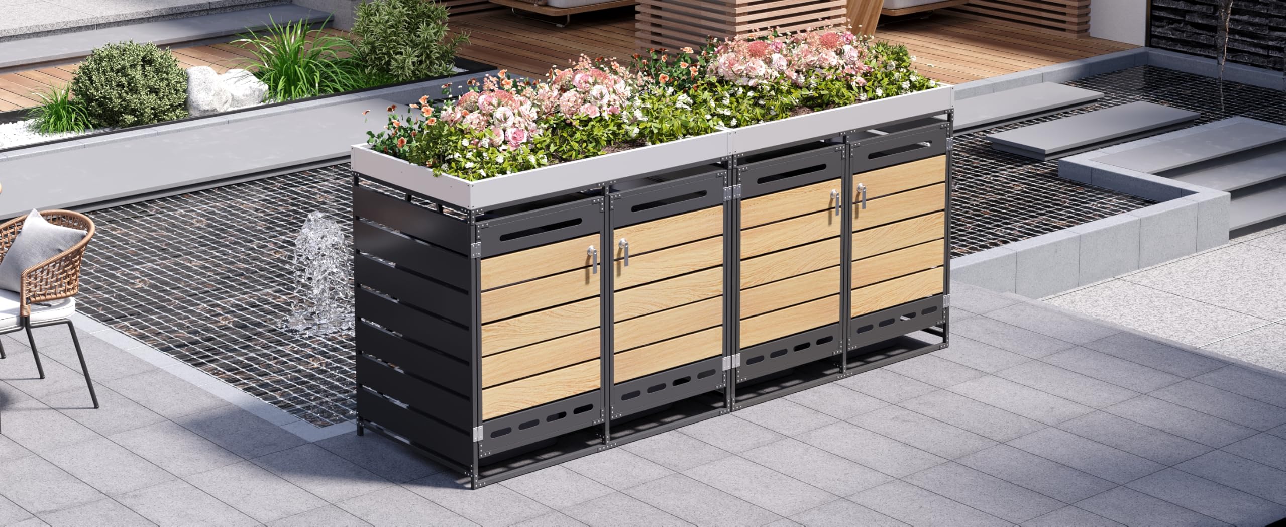 Contenedor de basura con jardinera, armario de almacenamiento de jardín de hierro con 4 compartimentos de almacenamiento, aspecto de madera horizontal, ventilación, cerradura