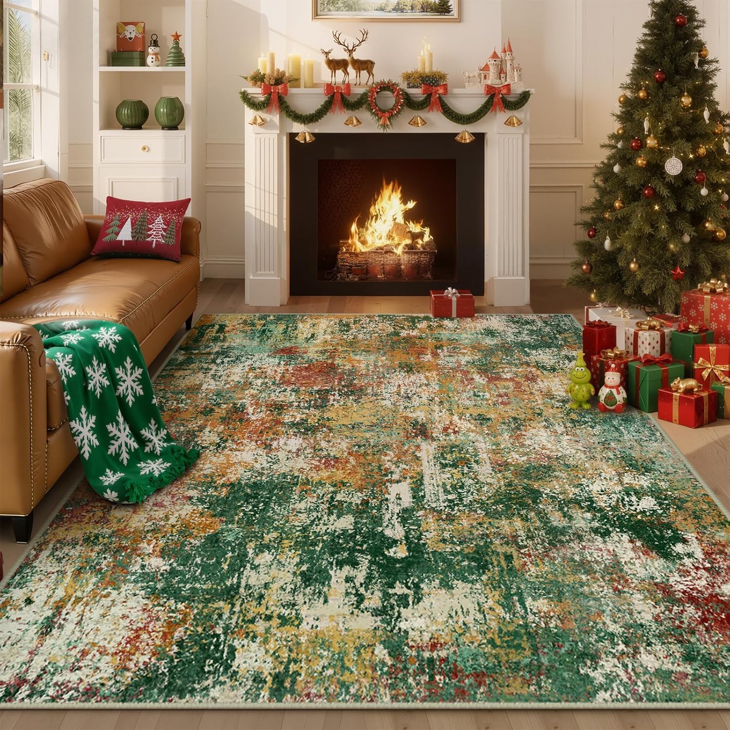 Tapis salon vert abstrait pour couloir et cuisine moderne