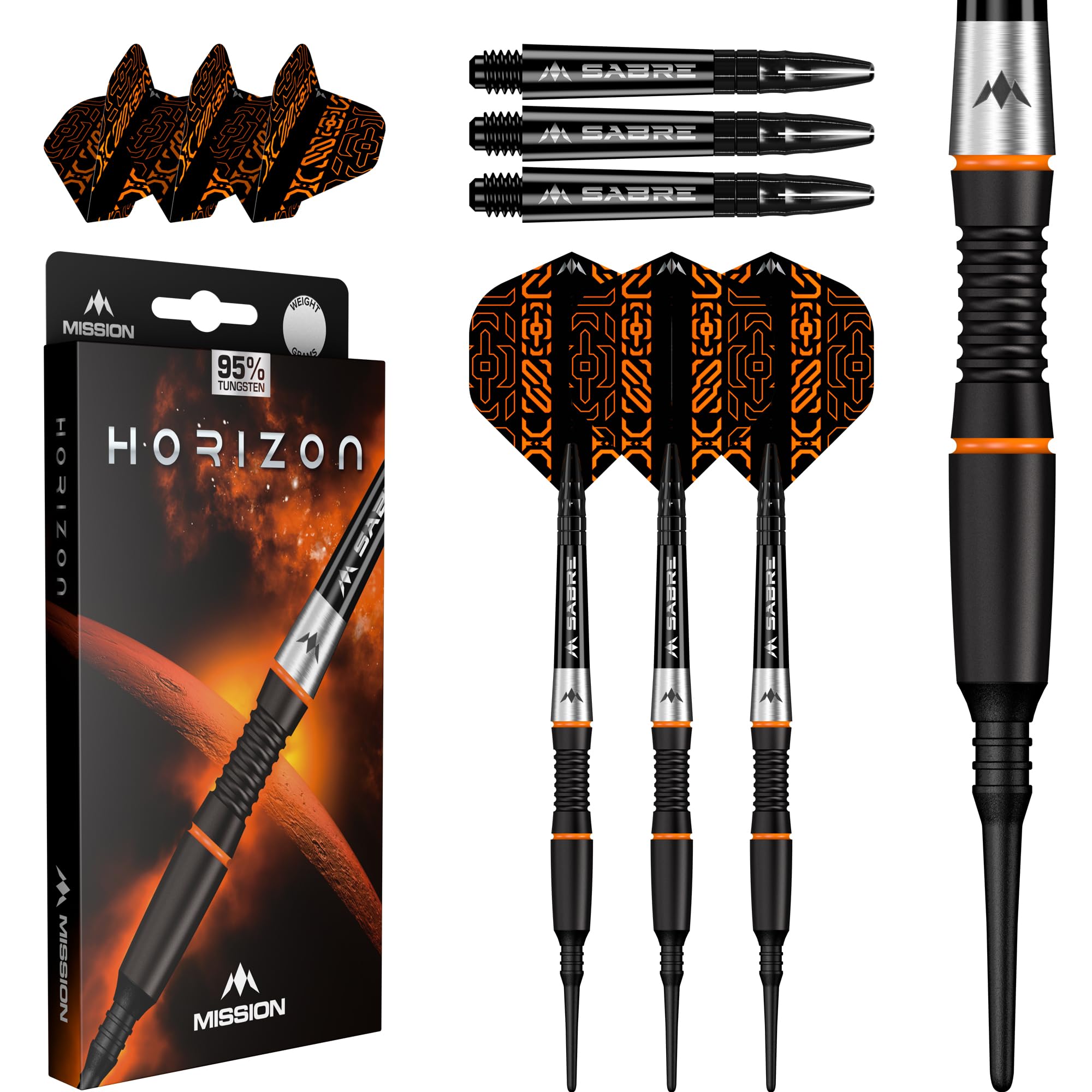 Mission Darts Horizon Dartpfeile mit weicher Spitze, 95 % Wolfram, schwarzes PVD und Orange, 18 g
