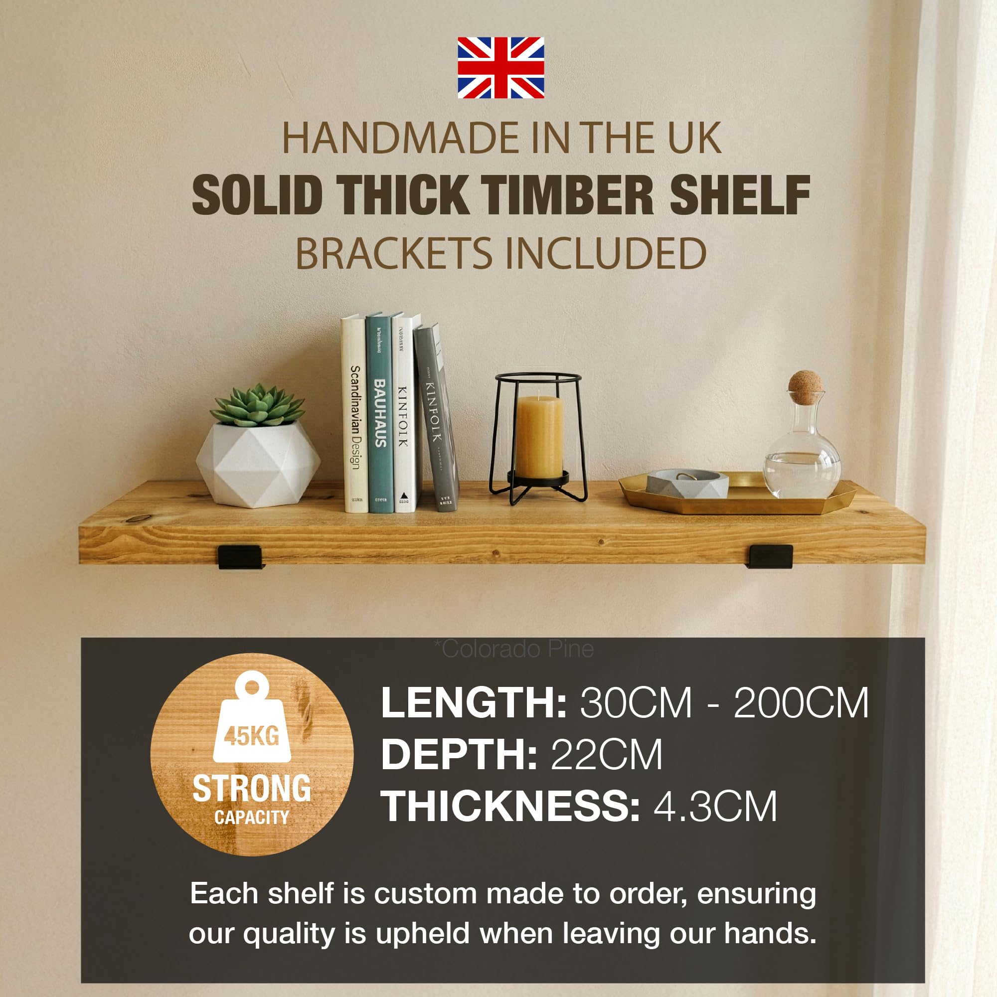 Top Notch Home & Living Handcrafted Rustic Wooden Wall Shelf, Incl 2 Up Brackets - Image 2