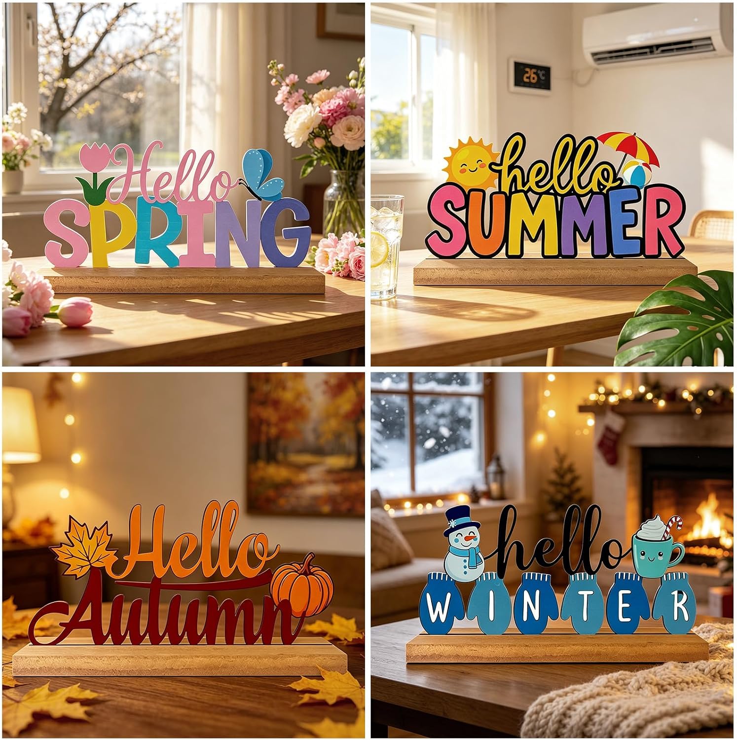 Interchangeable Seasonal Decor Metal Table Sign Set with Wooden Base