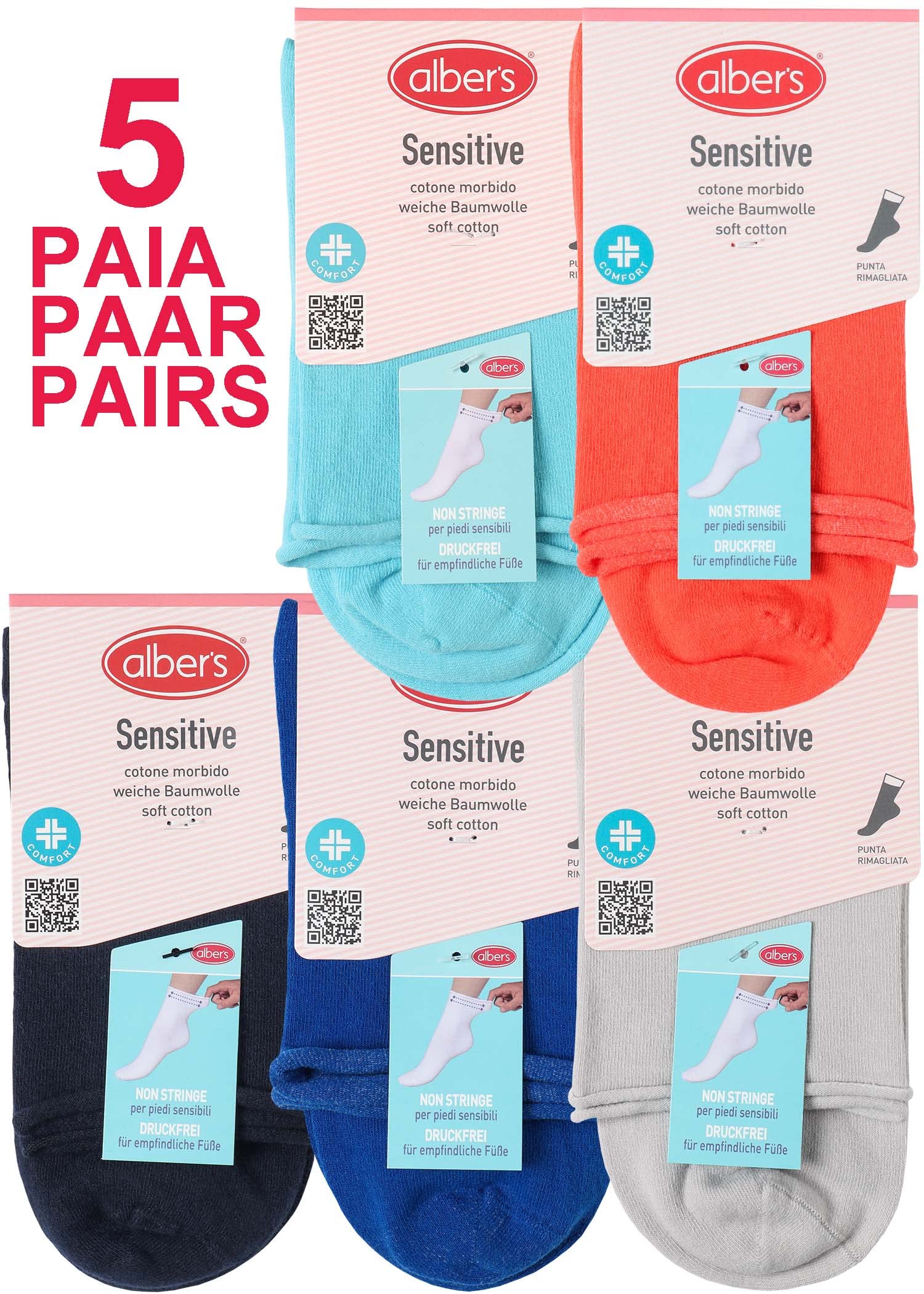 alber's SENSITIVE - 5 Paia | Calzino Cotone Donna Corto | Senza Elastico | Calze Sanitarie per Diabetici | Calzino Sportivo con Polsino Super Comfort | Non Stringe