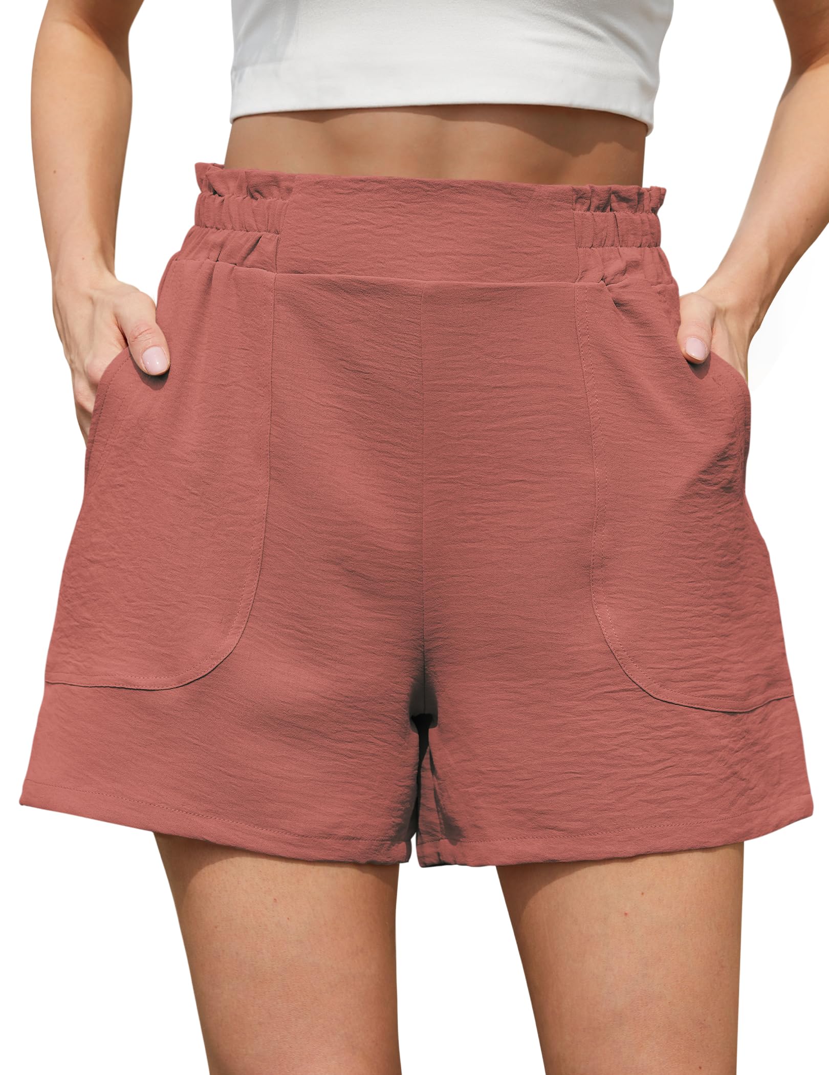 NILOINE Womens Casual Elastic Waist Shorts High Waisted Wide Leg Lightweight Beach Shorts with Pockets