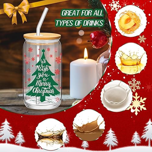 Miniatura 4 de Juego de 12 vasos de vidrio de Navidad con tapas de bambú y pajita, vasos de Navidad de 16 onzas, lata de helado de Navidad, lindos frascos de