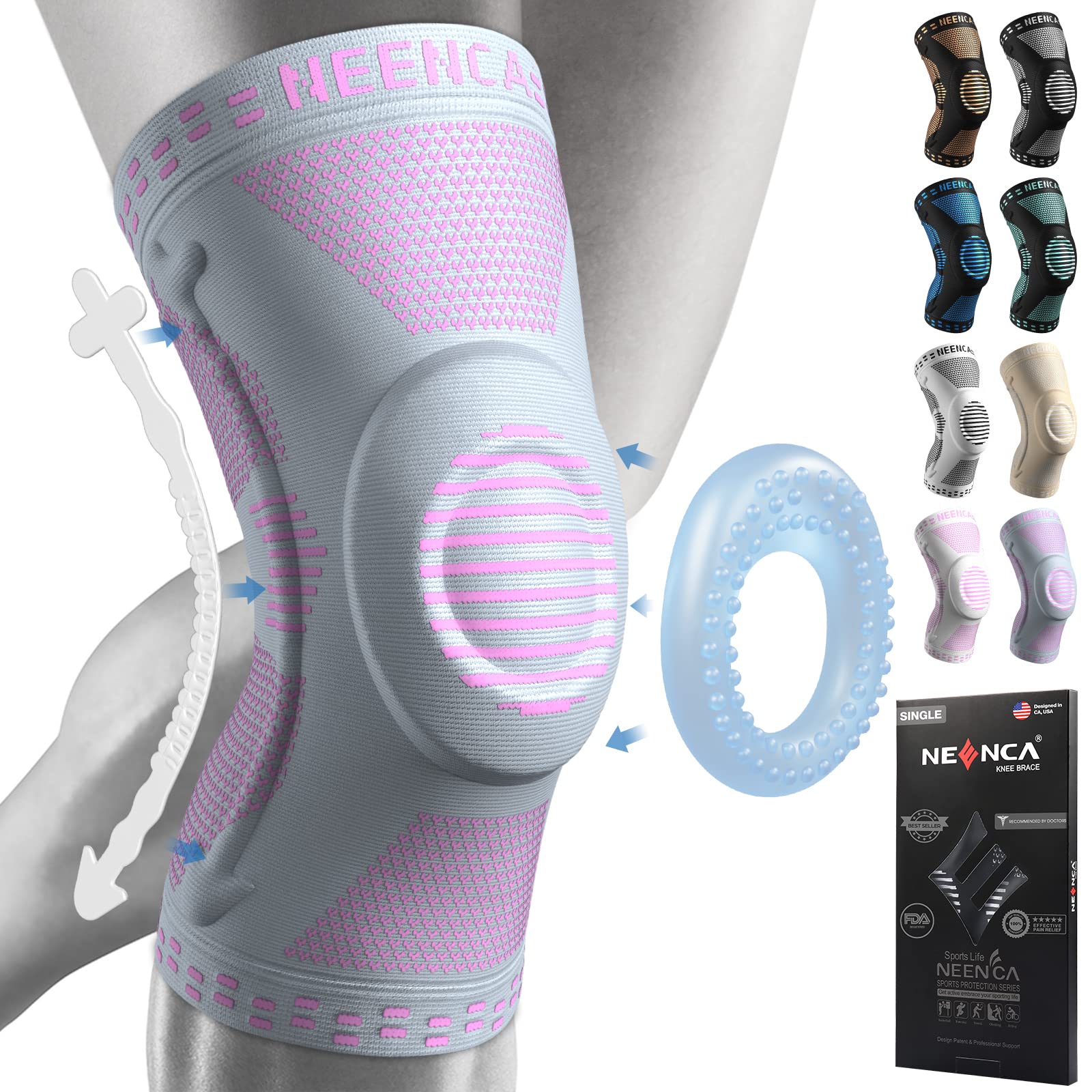 NEENCA Tutore Ginocchio,Tutore Fascia per Compressione Ginocchio Cuscinetti per Rotula e Supporto Laterale,Supporto per Ginocchia ad uso Medico per Corsa,Lesioni al Menisco,Artrite,Infortunio Sportivo