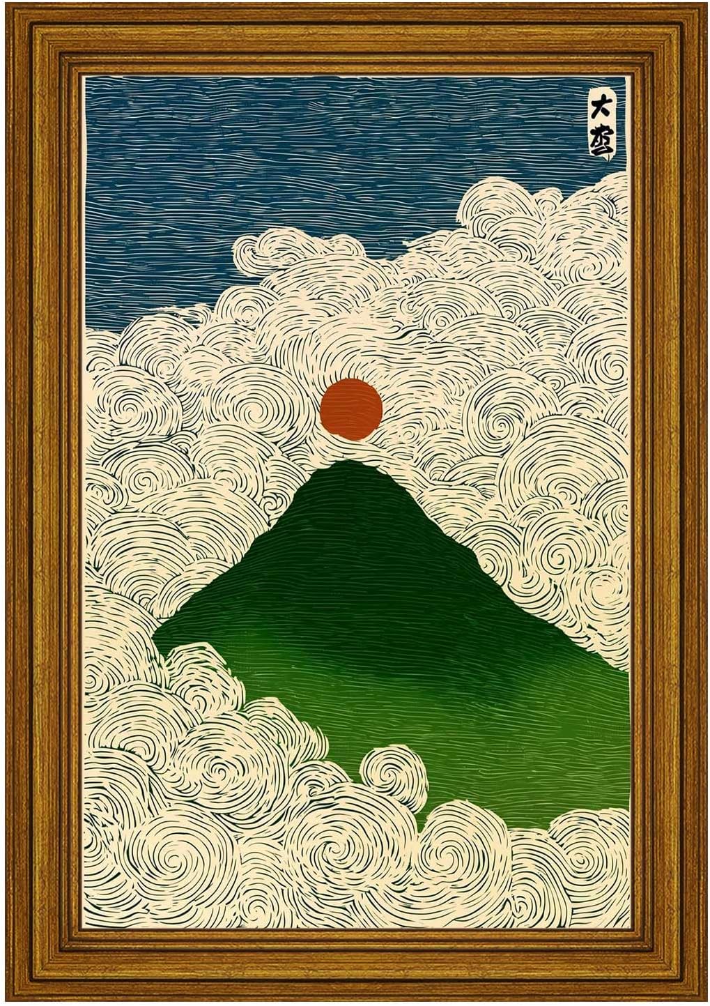 Golden Framed Raised Mount Fuji Clouds Red Sun Japan Poster Iconic Volcano Canvas Wall Art Landscape Prints For Move To New House Home Bedroom Dorm wall Decor 24x36in Golden Framed Raised