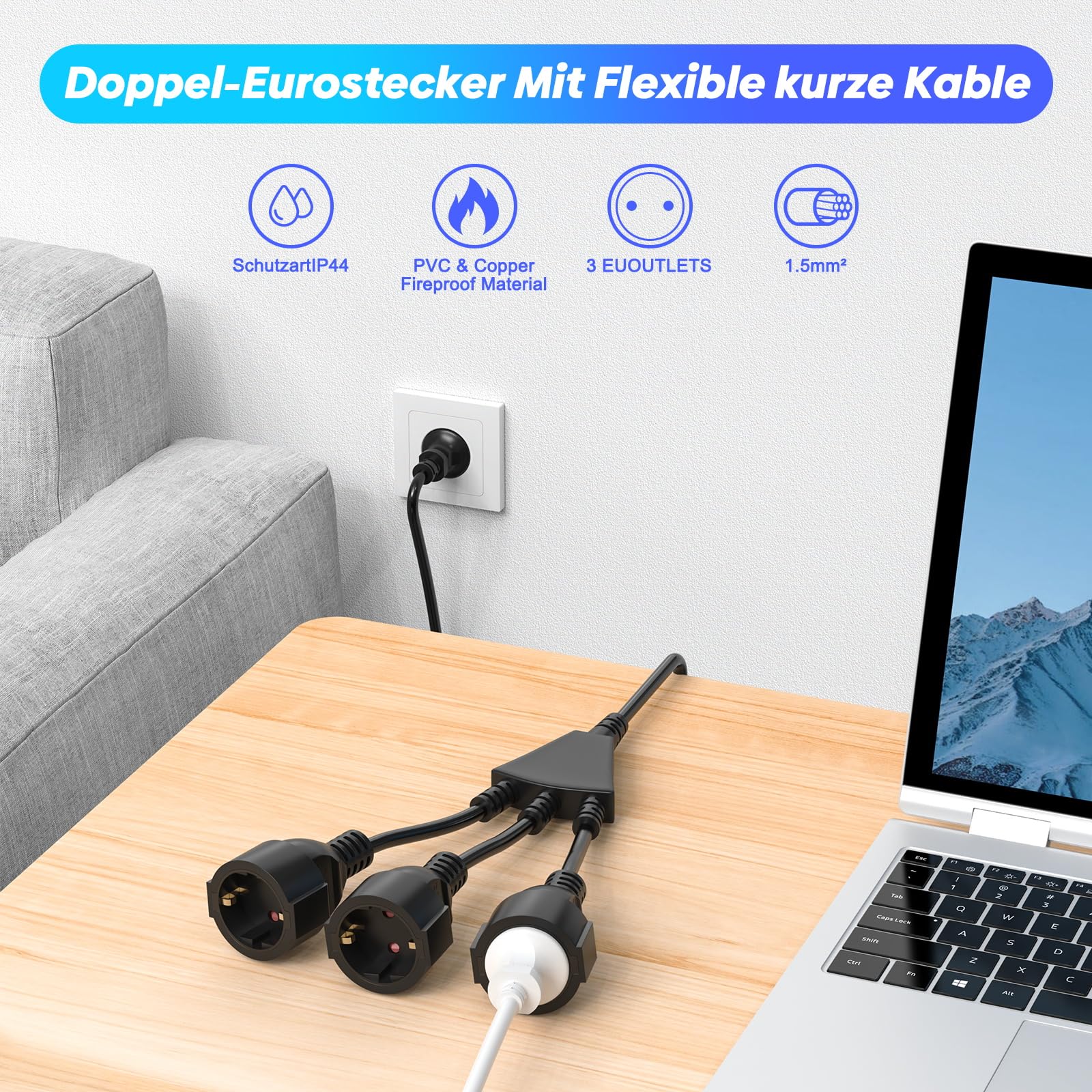 HITRENDS Rallonge d'extérieur avec contact de protection - Avec prise multiple - Câble en plastique CA Schuko avec 3 prises - Pour la maison, le bureau, l'extérieur - 3 x 1,5 mm² - Jusqu'à 250 V/13 A