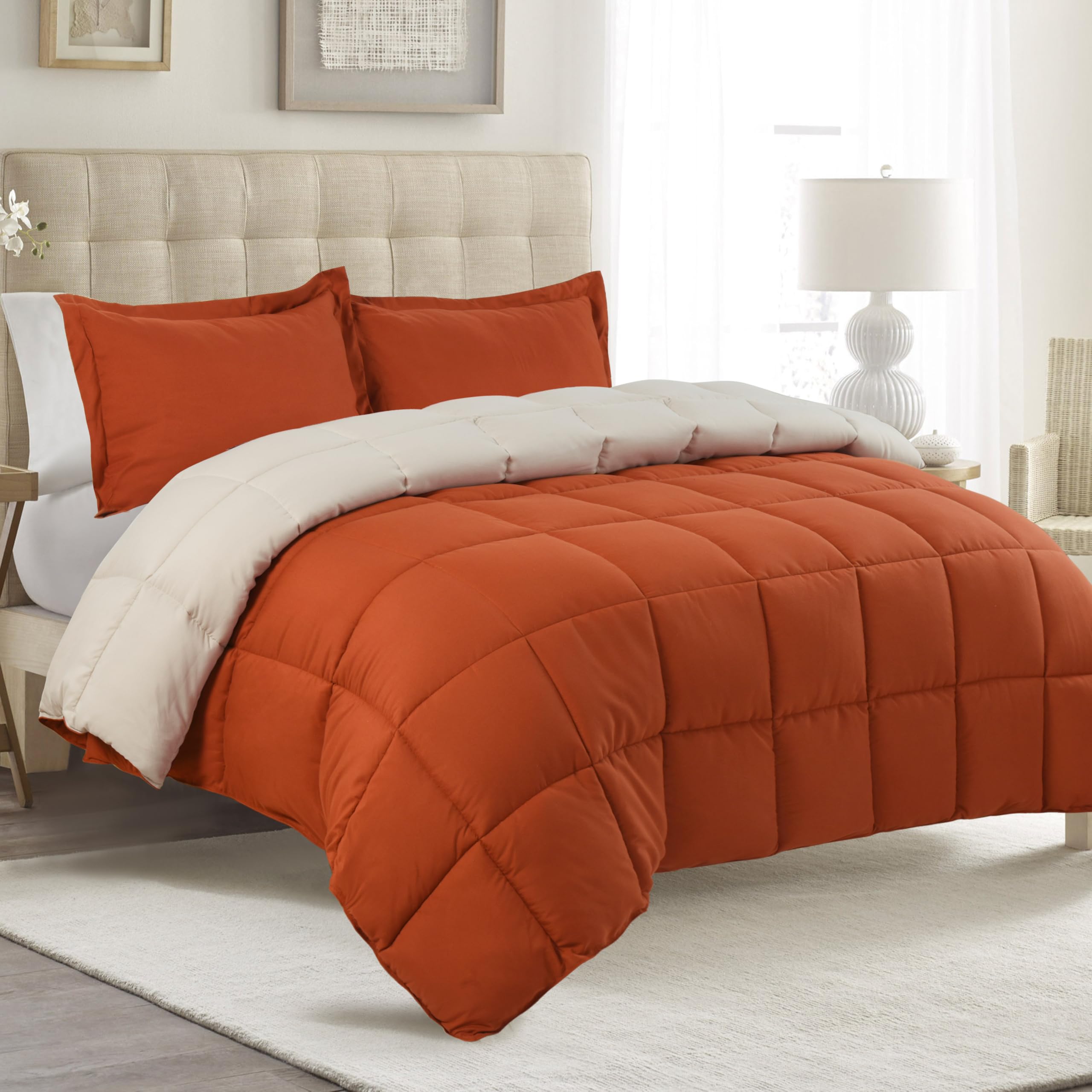 HIG 2 Pieces Terracotta Reversible Coverless Duvet Single - 135 x 200cm - OEKO-TEX Certified - 10.5 Tog Duvet with Corner Tabs - Down Alternative Comforter with 1 Sham - Machine Washable