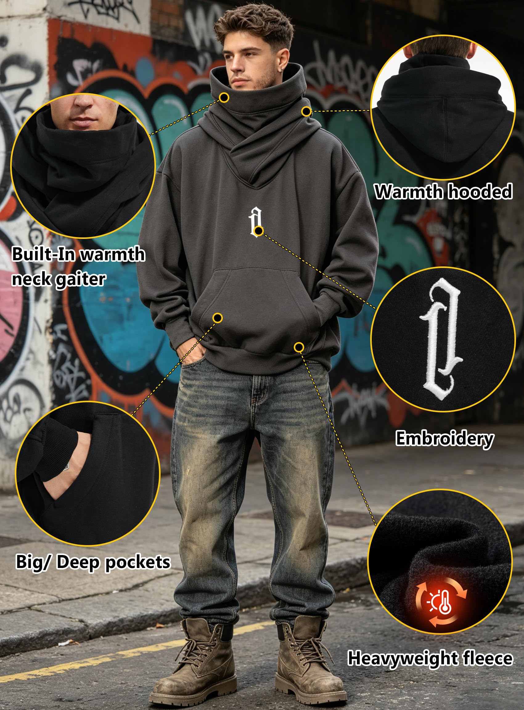 Hoodie Herren Oversize Rollkragen Fleece Pulli mit Maske