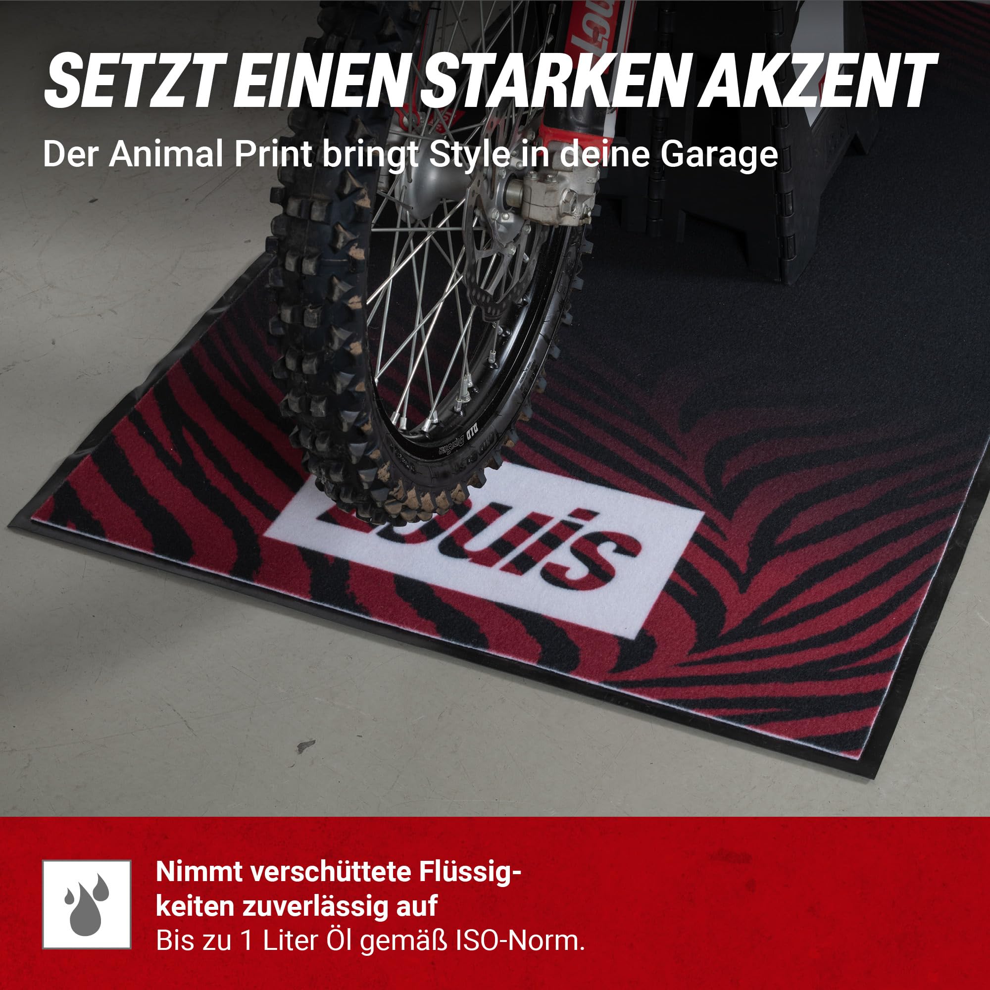 Louis Motorradmatte 100 x 200 cm mit Tasche, Umweltmatte für Motorräder, Garagenmatte für Werkstatt und Fahrerlager, Motorradteppich, Öl- und kraftstoffbeständig, FIM-konform