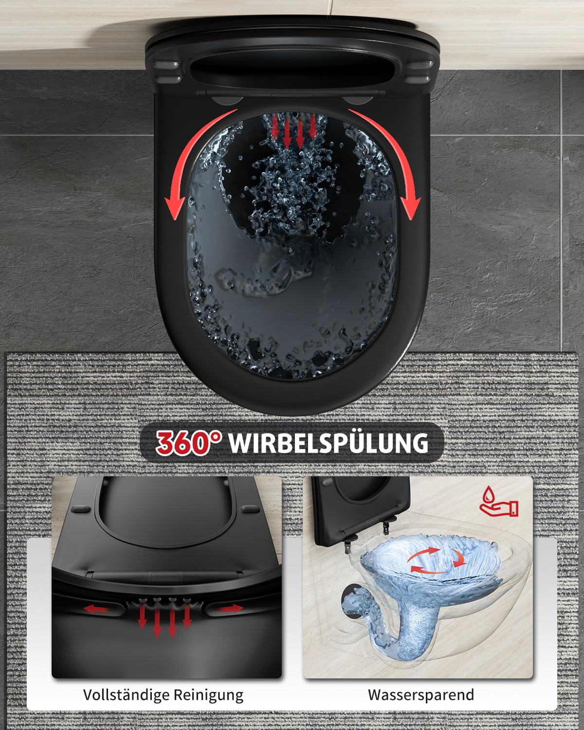 Rainsworth Hänge WC Spülrandlos Toilette - Starker Spülung, Kloschüssel inklusive WC-Sitz Absenkautomatik, Kompakt KeramikToilette, 48,5 cm lang, Einfach zu einigen, für Badezimmer-Aufstieg, Schwarz