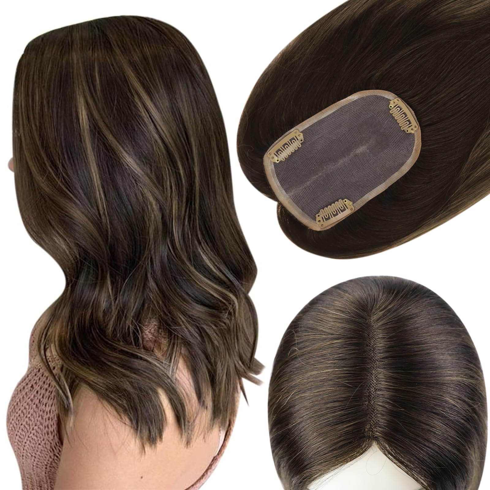 Full Shine Human Hair Toppers For Women With Thinning Hair Hand Tied Extensions 3x5 Inch Hair Piece Darkest Brown To Ash Brown Remy Hair Extensions