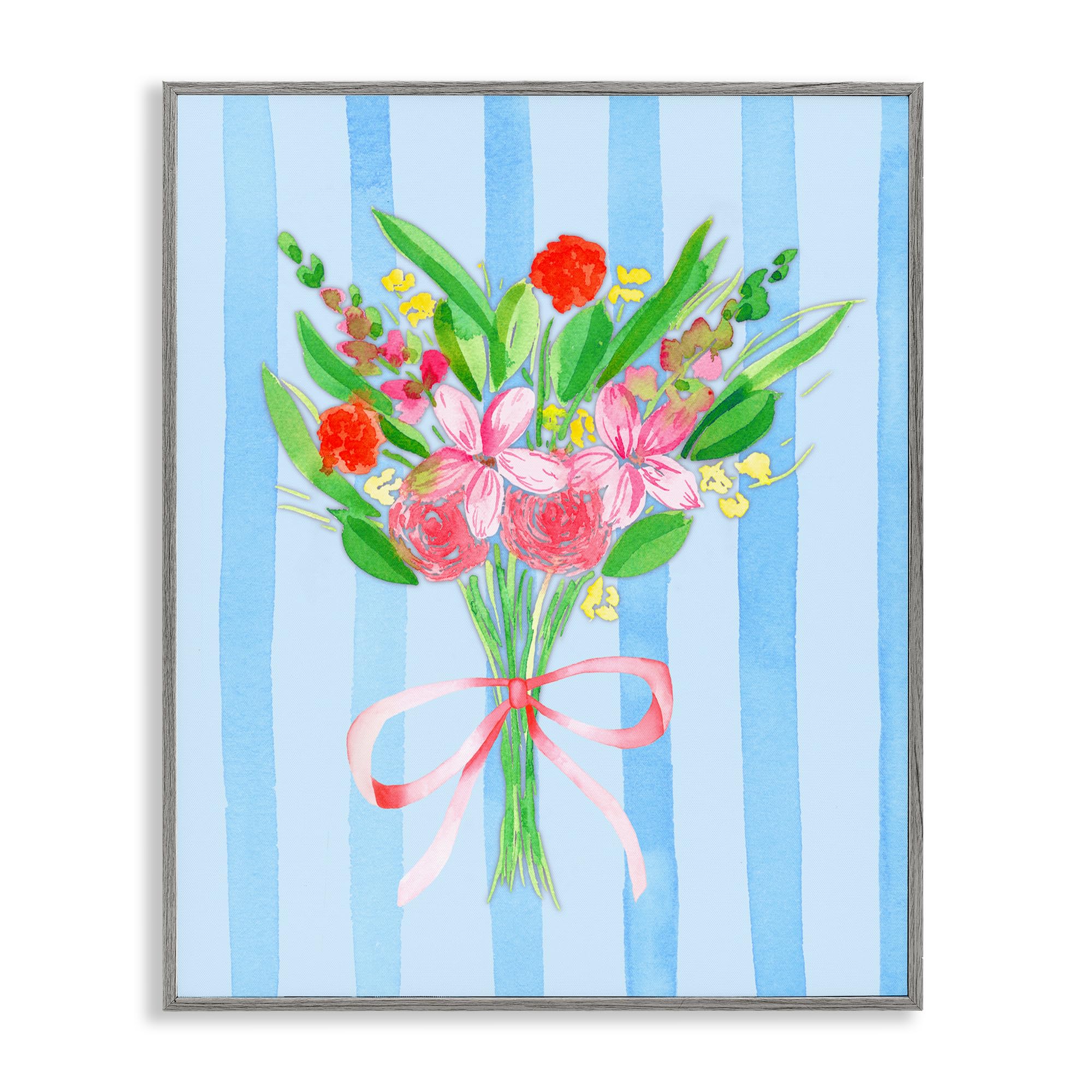 Stupell Industries Farmhouse Gray (Textured) 'Blue And Pink Bouquet & Bow'| Framed Giclee Art