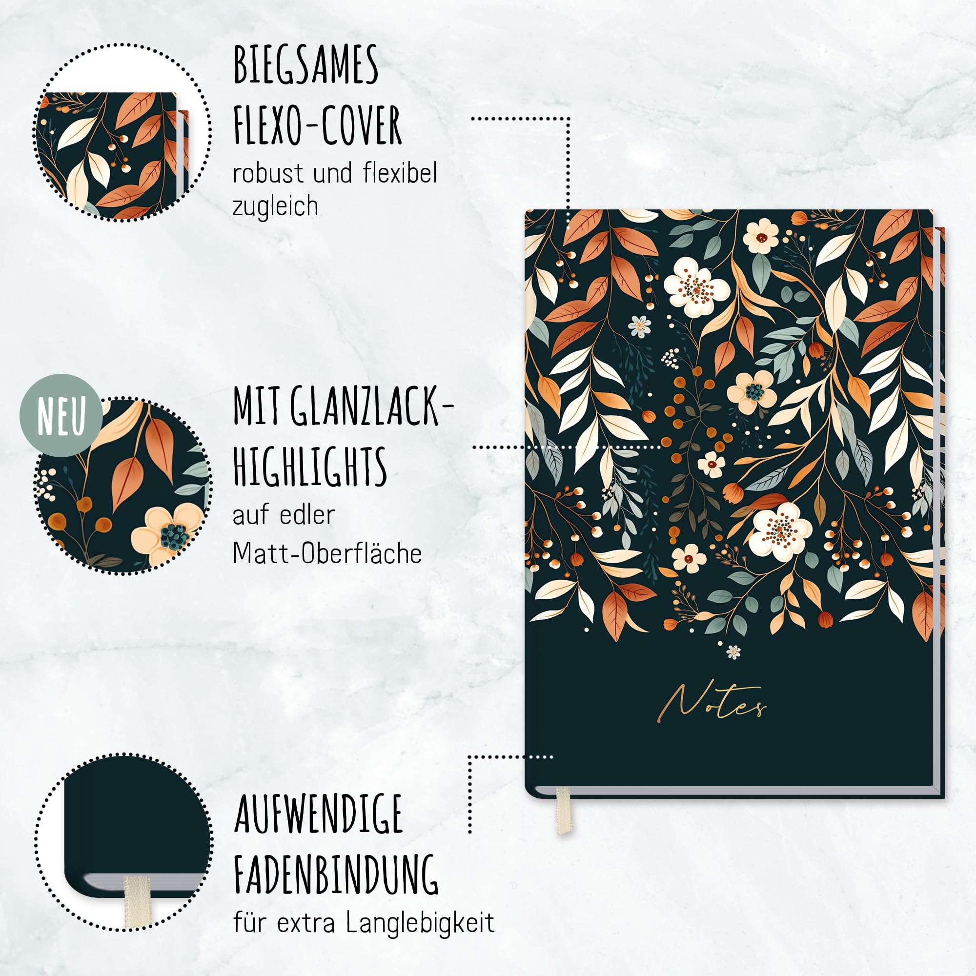 Häfft A5 squared Pretty Flowers notebook from Trendstuff 124 pages, 62 sheets, ideal as a diary, journal, idea book, notebook - Image 2