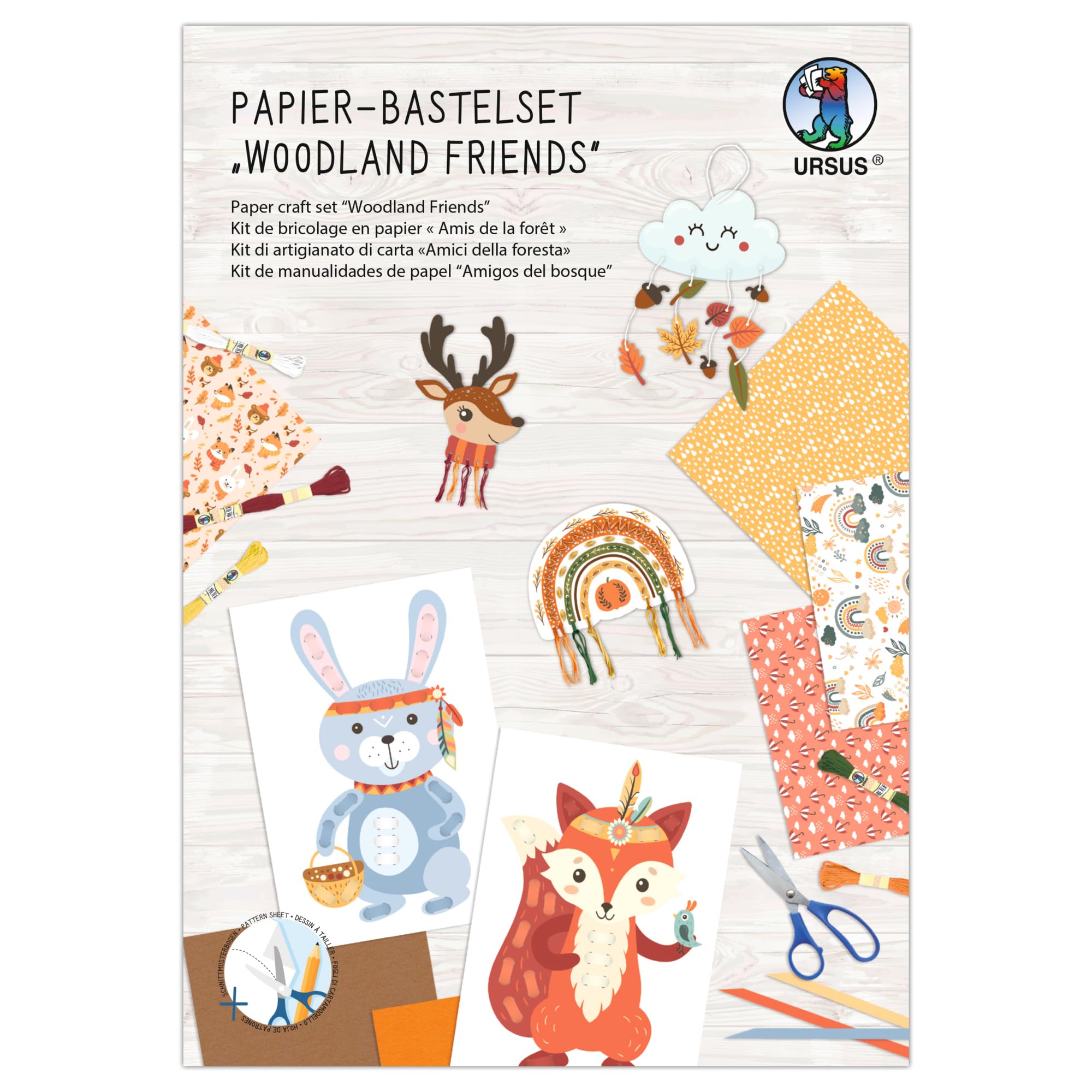 Ursus 8080002F Woodland Friends Paper Craft Set, Set of Photo Cardboard, Braiding Sheets, Punching Parts, Braiding Strips and Embroidery Thread, Includes Step by Step Instructions (English Language