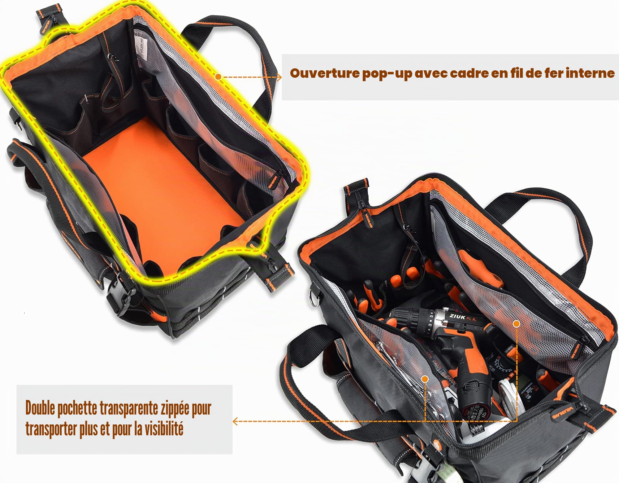 WELKINLAND Organiseur d'outils robuste de 40,6 cm – 34 poches ouvertes sur le dessus pour CVC, électriciens et perceuses