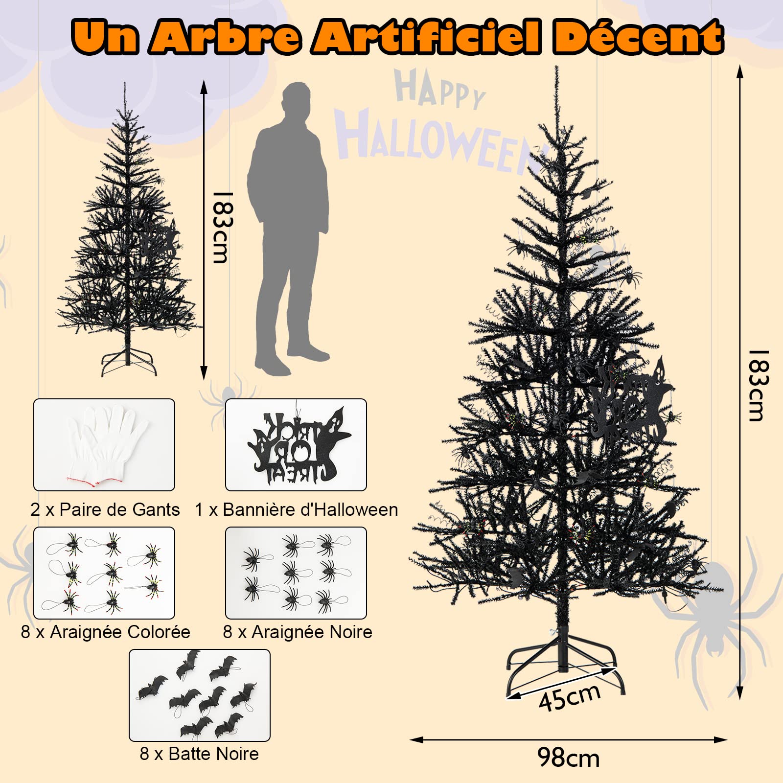 COSTWAY Sapin de Noël Noir 180 CM, 250 Lumières LED Violette et Accessoires d'halloween, Sapin Artificiel d'halloween avec 791 Branches en PVC, Arbre de Décoration pour Maison, Bureau, École