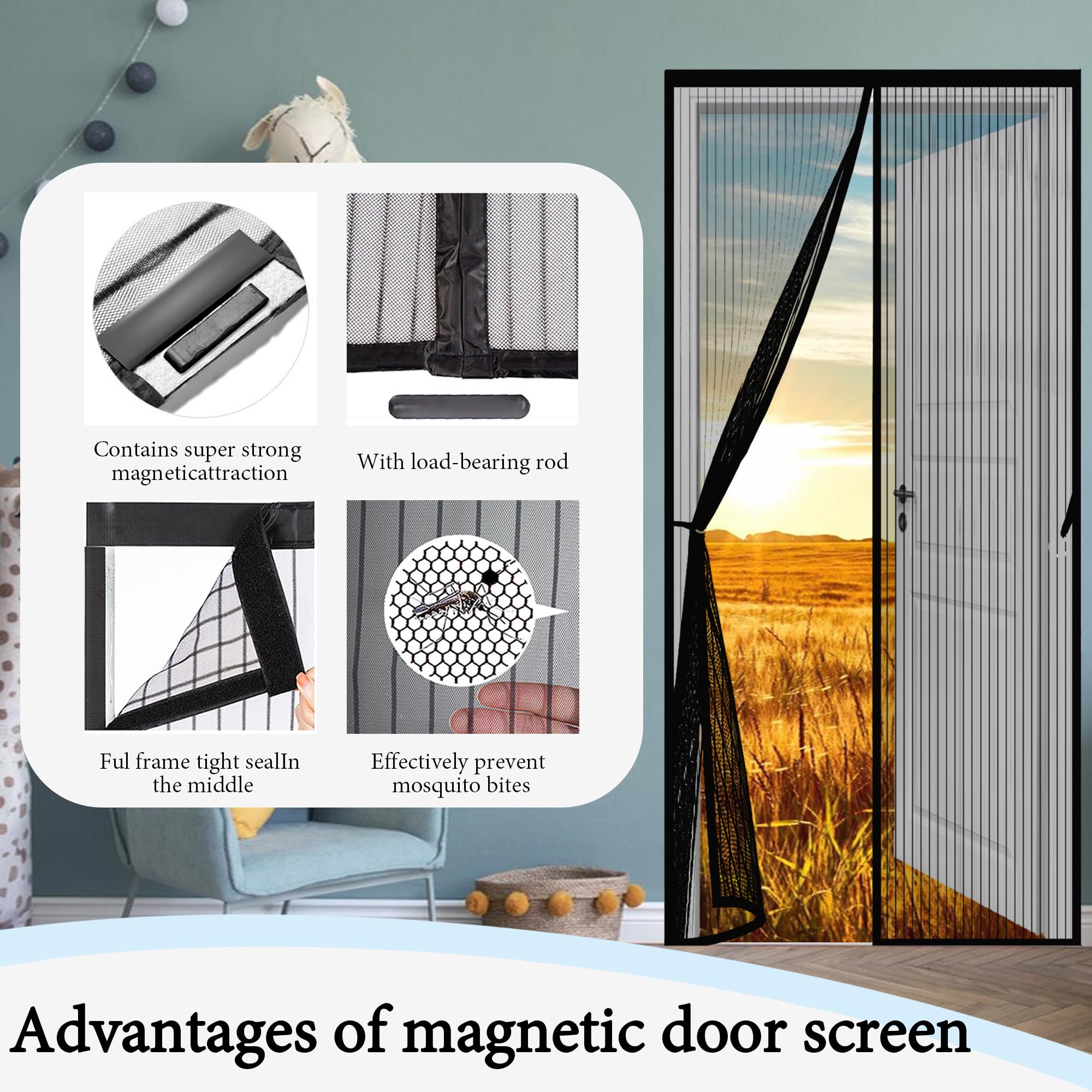Zanzariere Magnetiche per Porte Finestre su Misura 135 x 208 cm Chiusura Automatica, Facile Installazione Senza Fori Tenda Totalmente Magnetiche per Porta Finestra, Nero