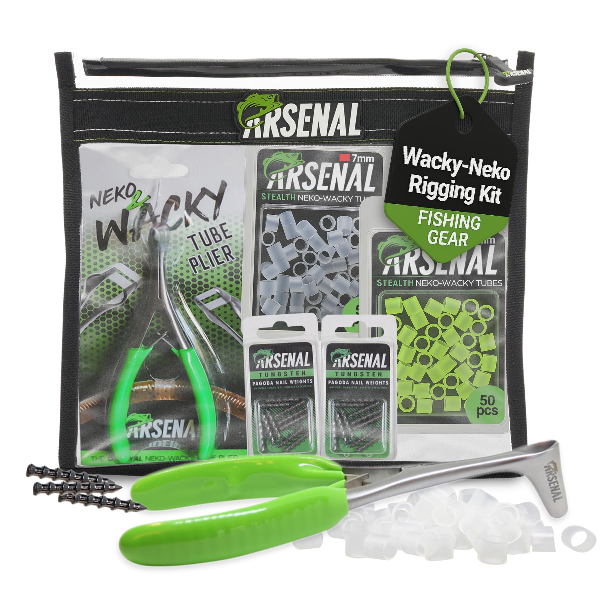 Amazon.com: Arsenal Fishing Original Wacky-Neko Rigging Kit  Fishing  Accessories Includes Tube Plier, O-Ring Stealth Silicone Shields, Battalion  Lure Storage Bag, Pagoda Nail Weights for Wacky Rig & Neko Rig : Sports