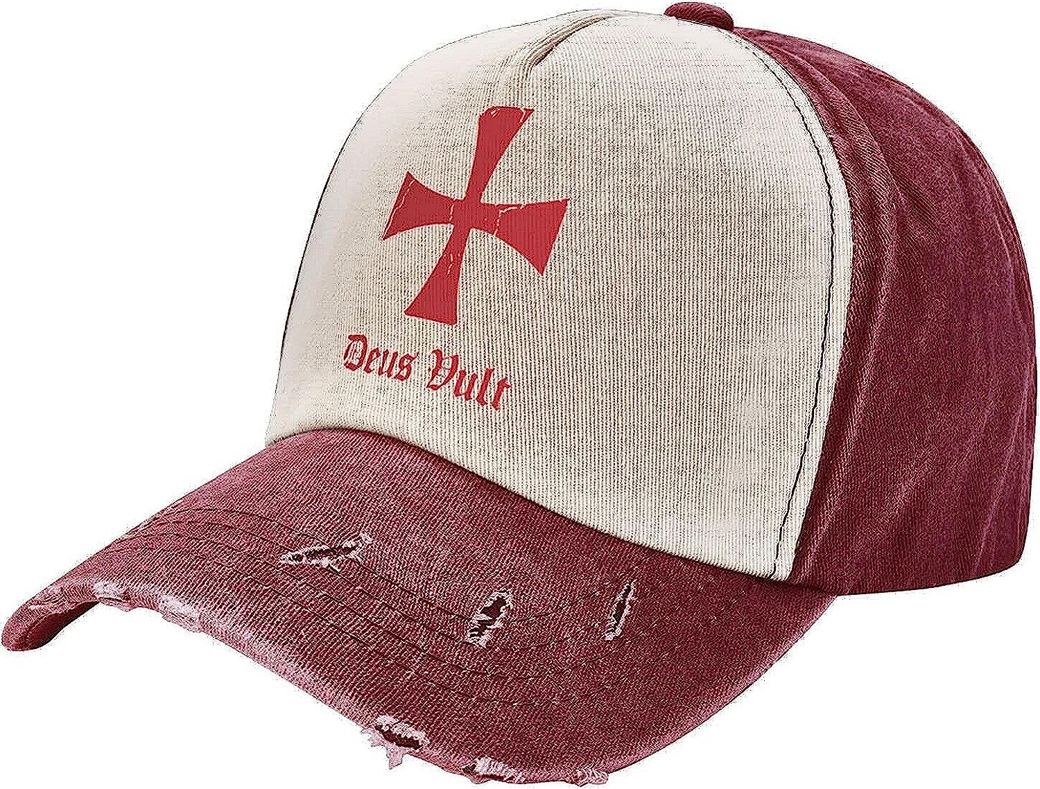 Fifbird Unisex Dark Red Deus Vult Knights Templar Cross Hats Distressed Baseball Caps Washed Dad Trucker Denim Cowboy Hat