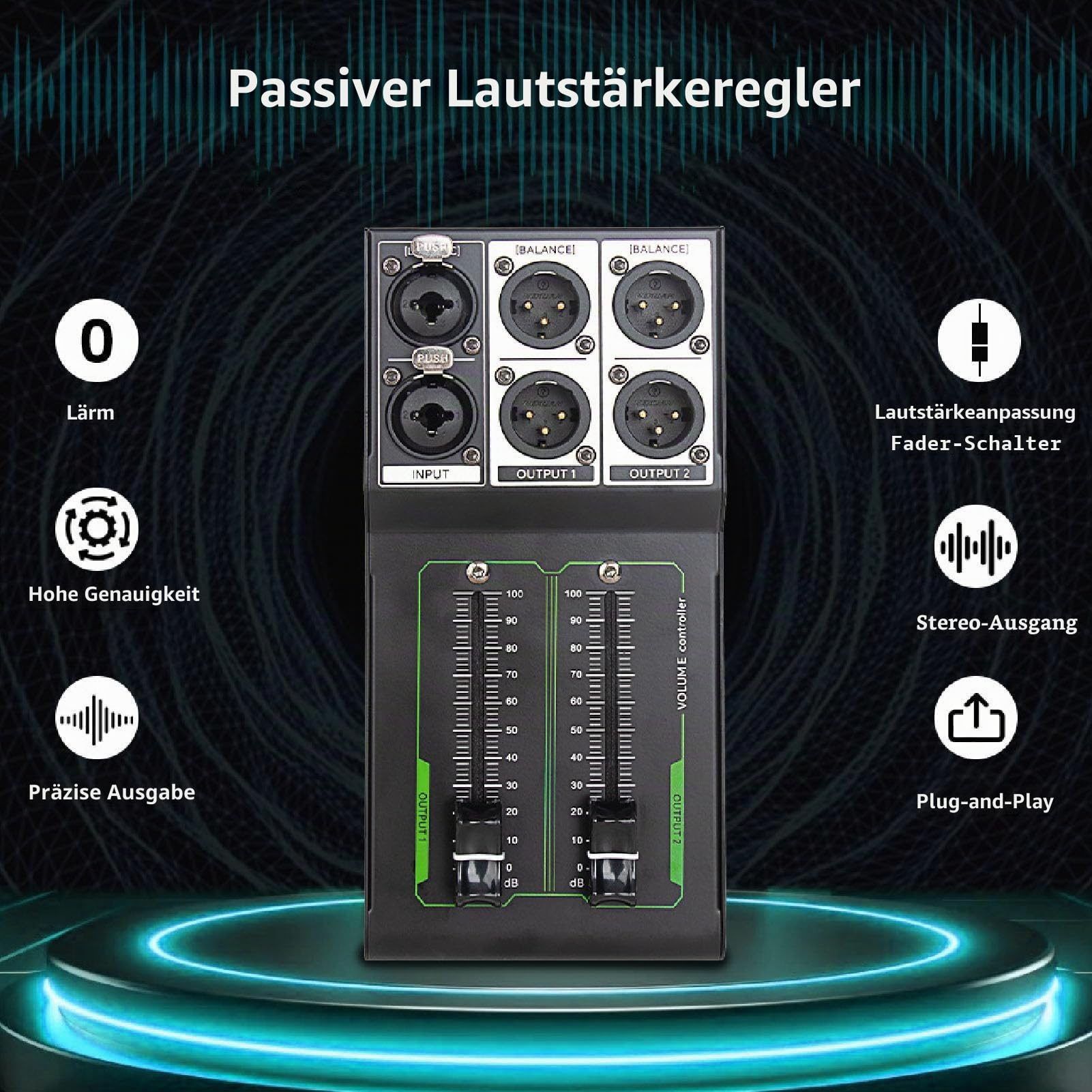 Passiver Lautstärkeregler Ganzmetall, Passiver Lautsprecher Lautstärkeregler 1 in 2 Out, Stereo Lautstärkeregler mit Erweitertem 70mm Fader für Studio- und Heim Soundsysteme