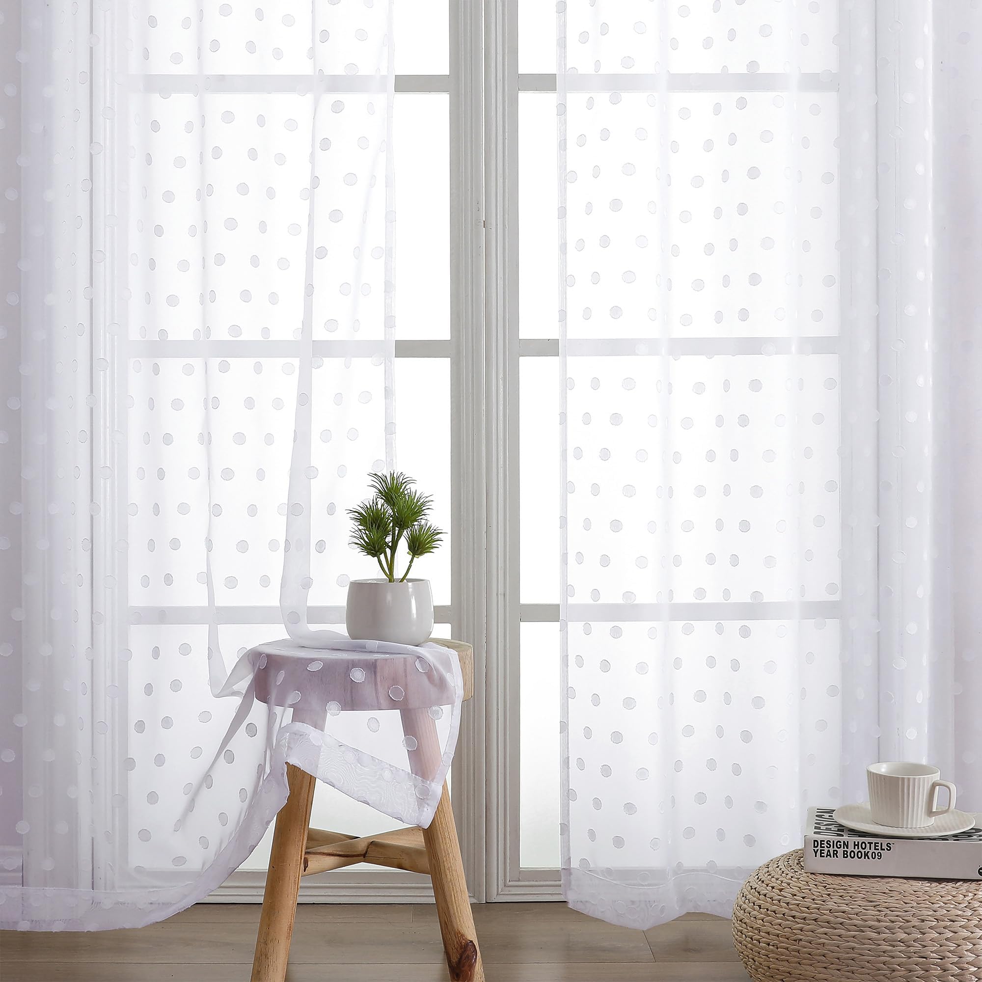 Simplebrand Polka Sheer White Curtains 84 Inches Long 2 Panels for Living Room Bedroom, Cute Dots Jacquard White Sheer Curtains, Airy & Lightweight Elegant Window Treatments Sheer, 40" Wx84 L Inch