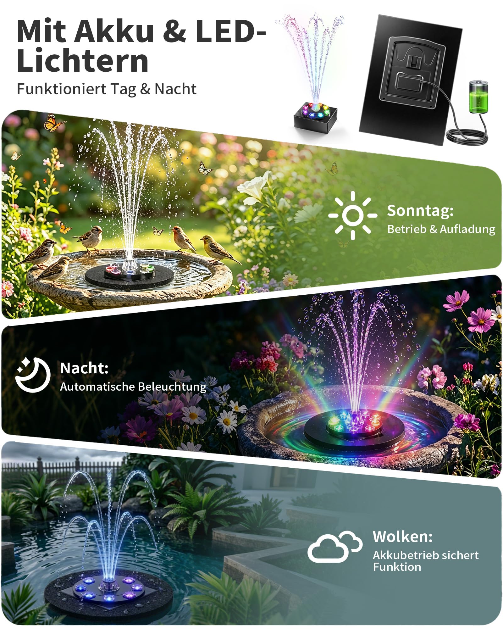 Pompa da laghetto solare 8W con batteria 1800mAh – Fontana solare per esterni per abbeveratoio per uccelli, piccolo laghetto e giochi d’acqua – 10 stili di zampillo e 8 LED colorati