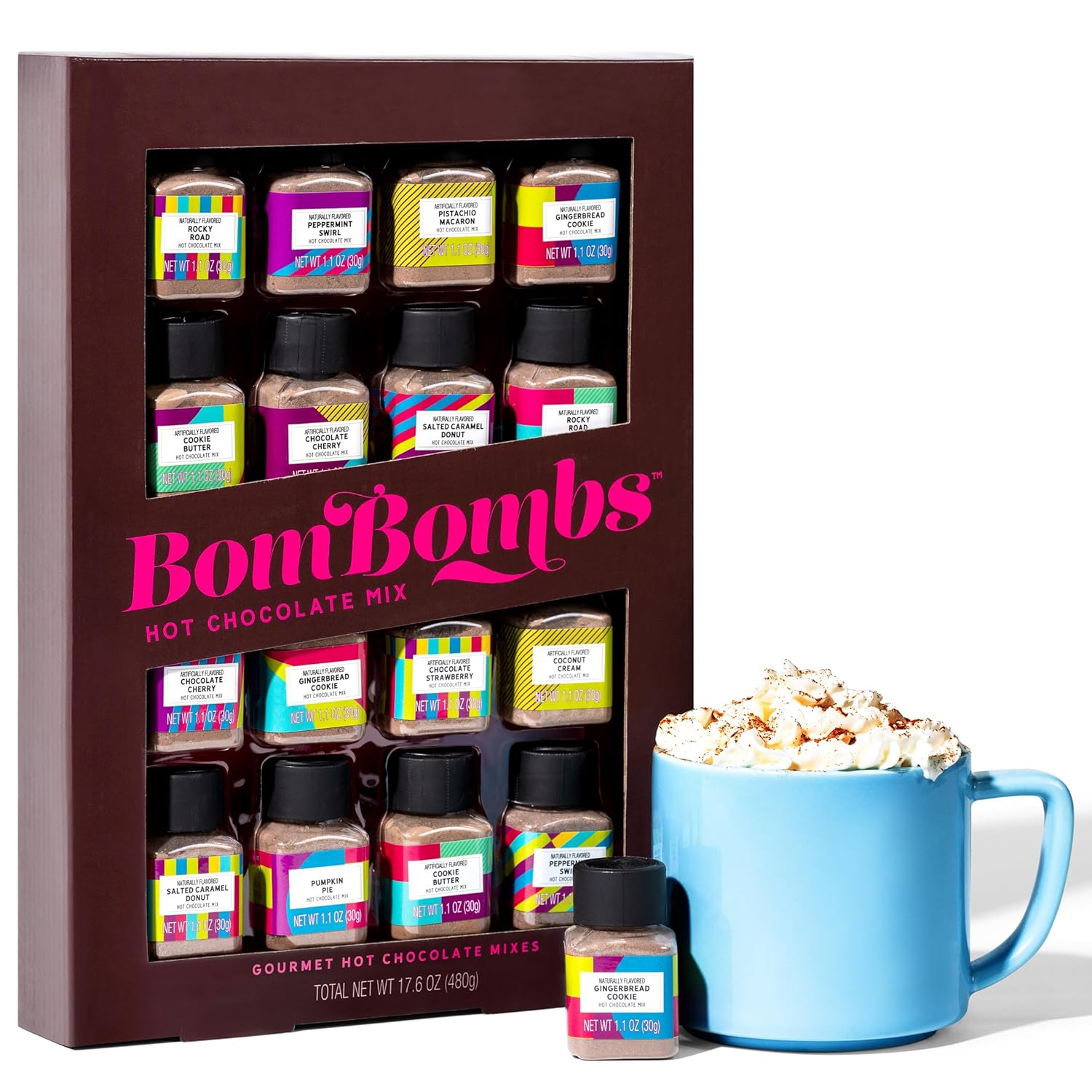 BomBombs, Hot Chocolate Mix Gift Set in Mini Bottles, Flavors Include Rocky Road, Pumpkin Pie, Chocolate Cherry, Peppermint Swirl, Salted Caramel Donut & More, Sampler Set of 16 BomBombs, Hot Chocolate Mix Gift Set in Mini Bottles, Flavors Include Rocky Road, Pumpkin Pie, Chocolate Cherry, Peppermint Swirl, Salted Caramel Donut & More, Sampler Set of 16