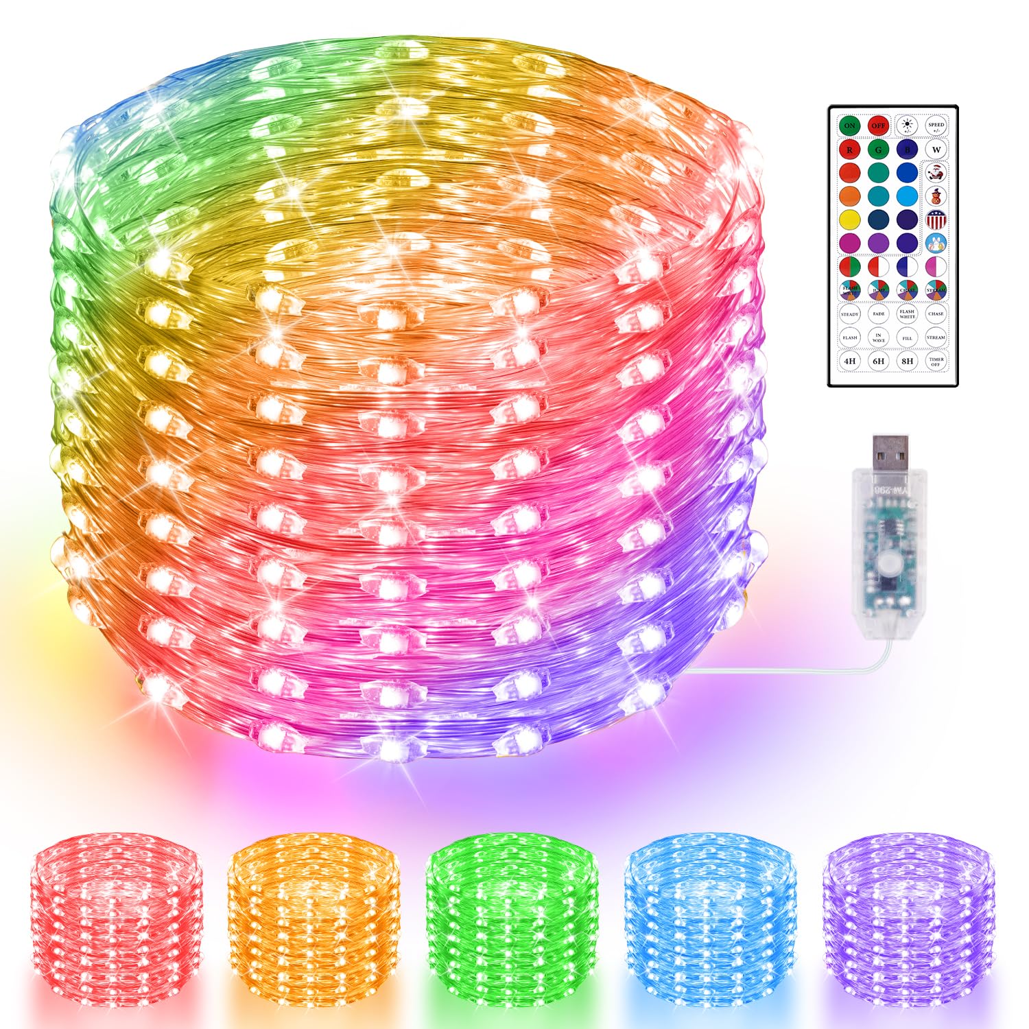 Guirlande lumineuse 200 LED avec télécommande, 196 modes, 24 couleurs changeantes, vitesse réglable, étanchéité IP65, pour arbre, fête, mariage, festival, décoration de chaises de chambre à coucher