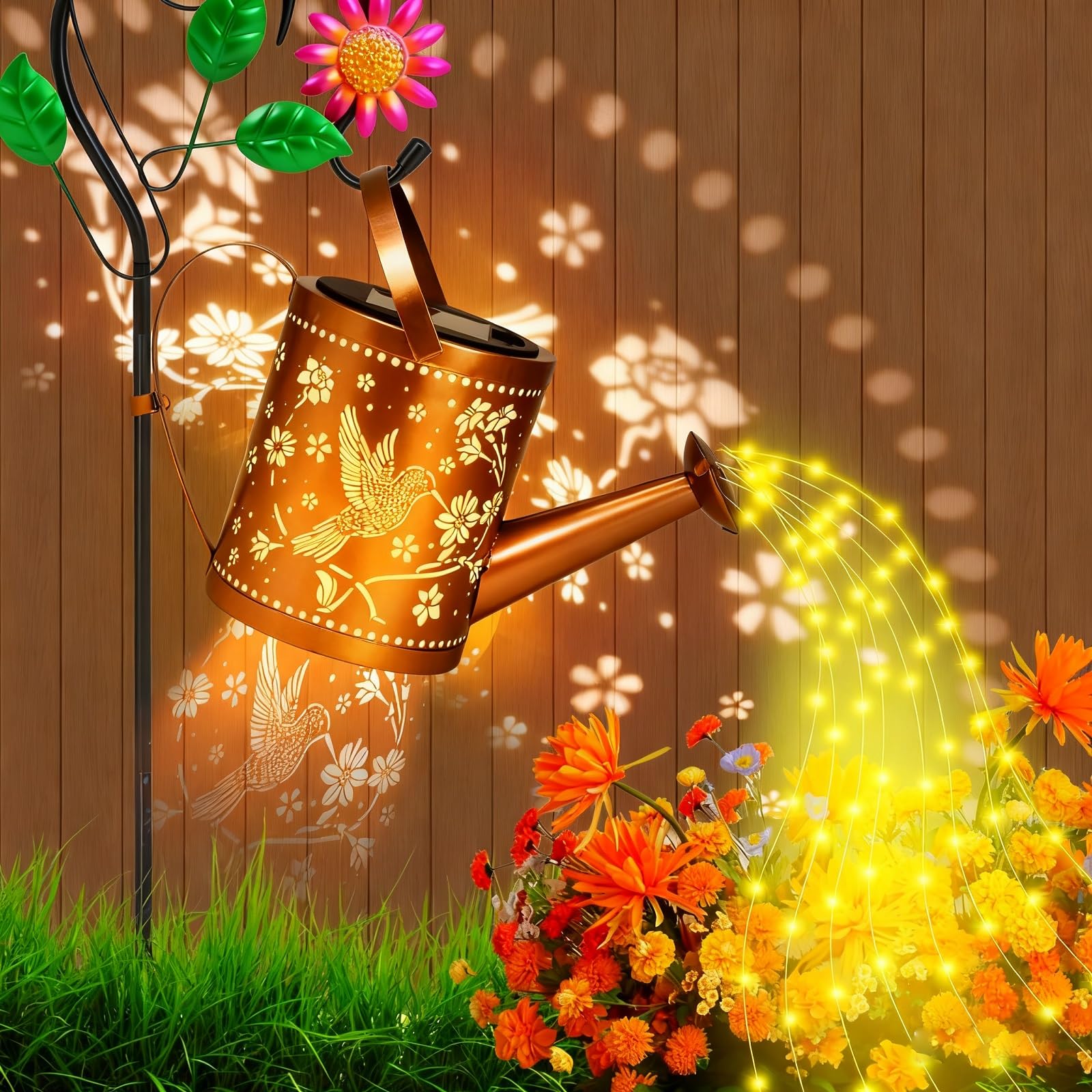 Hummingbird Outdoor Hanging Solar Lantern Waterproof Metal Openwork Hummingbird Watering Can Landscape Lights with Shepherd Hook for Porch