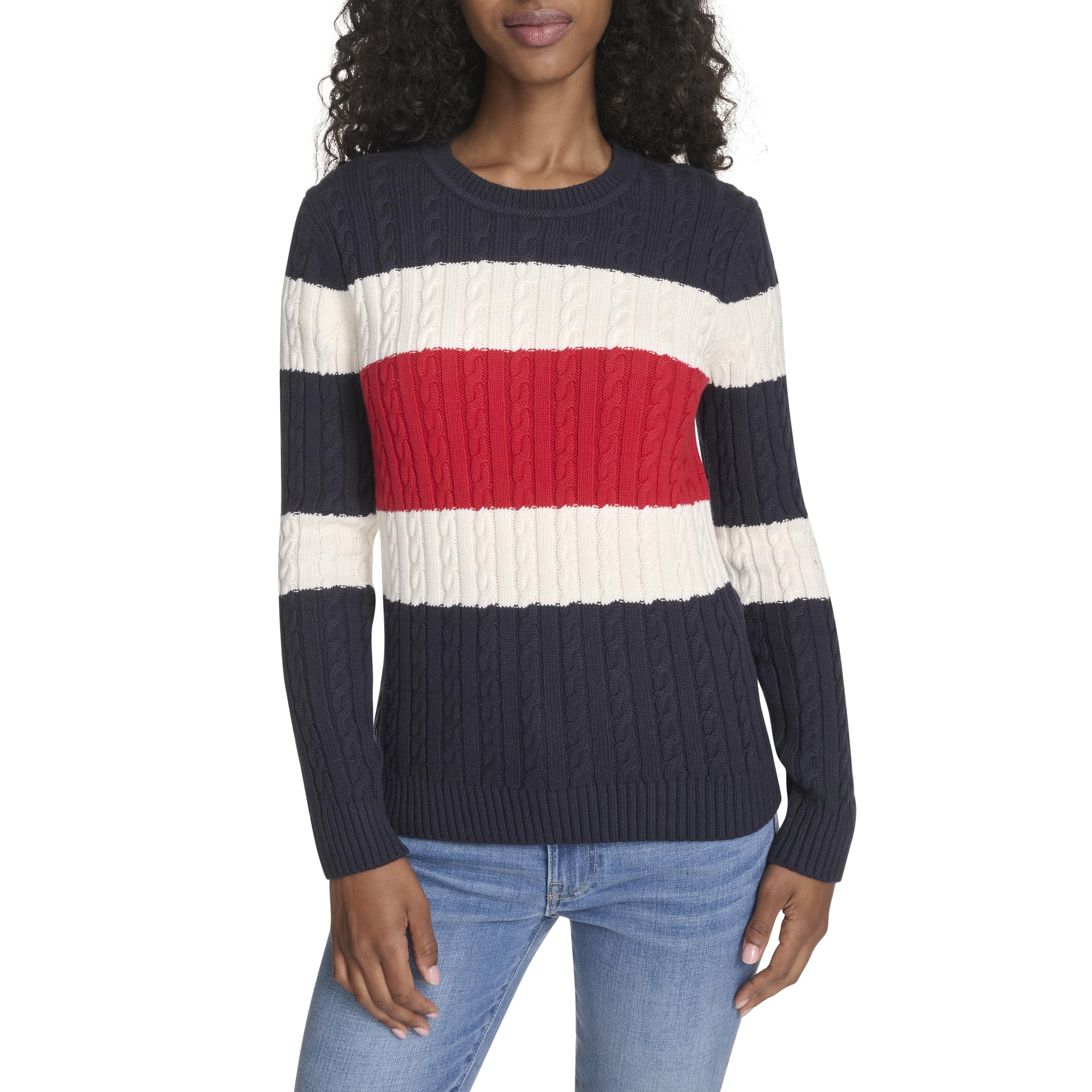 Tommy Hilfiger Women's Cotton Crewneck Cable Sweater, Sky Captain Multi Colorblock, Small