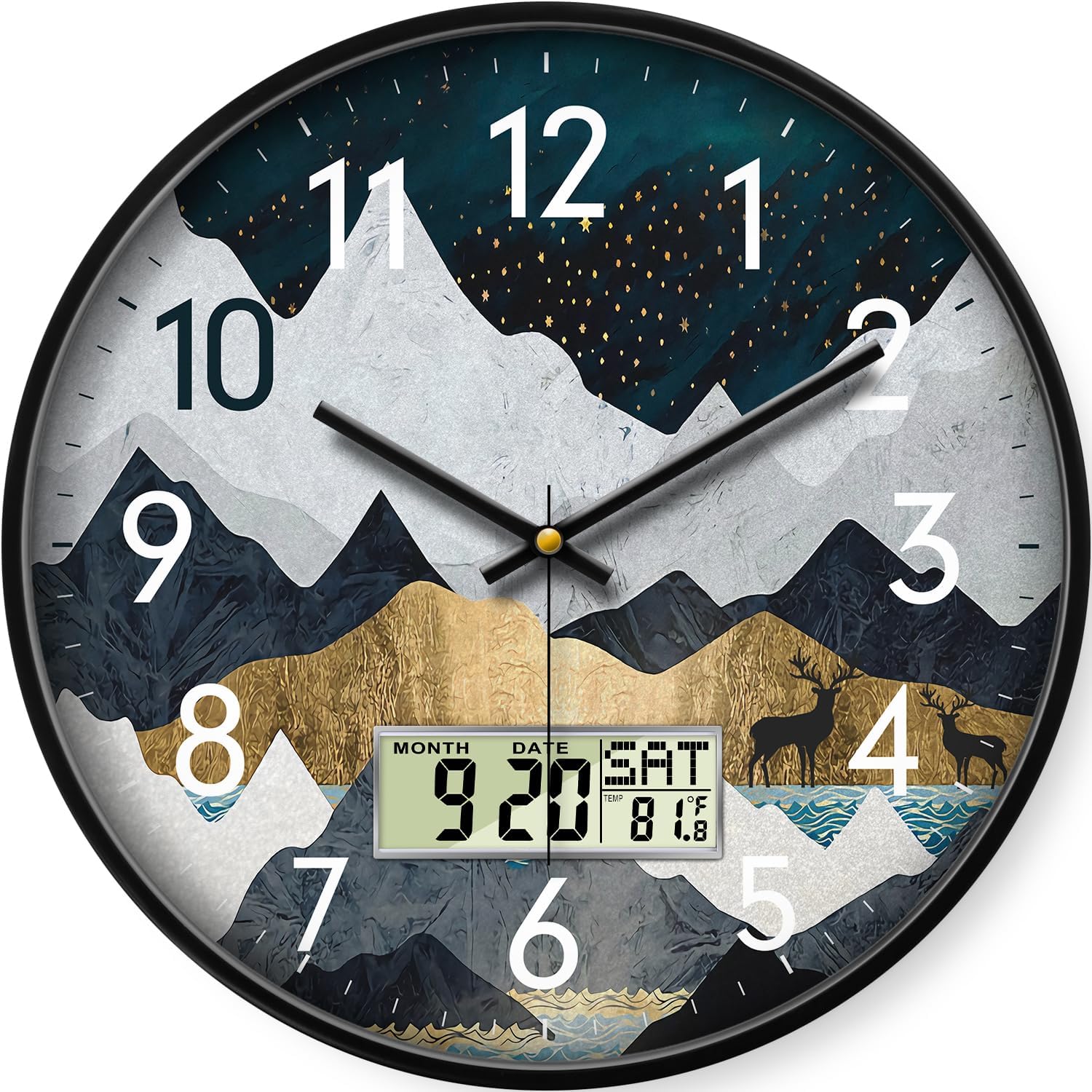 Silent Analog Wall Clock with Date & Temperature, 12'' Non-Ticking Battery Operated Digital Wall Clock Analog, Elk Mountain Pattern Decorative Clock for Bedroom/Living Room/Kitchen