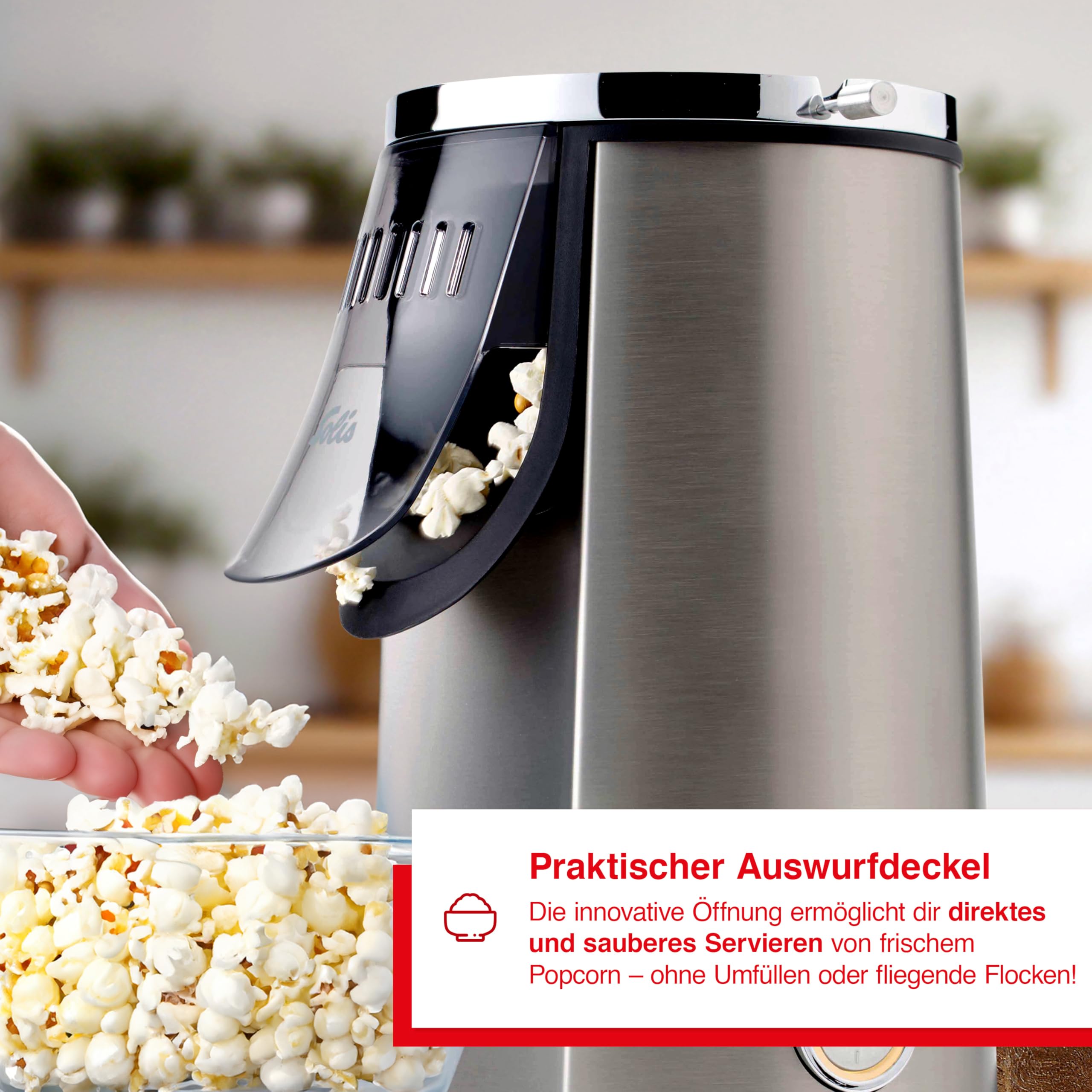 Solis Pop & Fun Popcornmaschine – schnelle & geräuscharme Zubereitung, Edelstahl, 2-in-1 Butterschmelzfunktion, BPA-frei, Anti-Fingerprint – für Popcorn zuhause & Filmabende