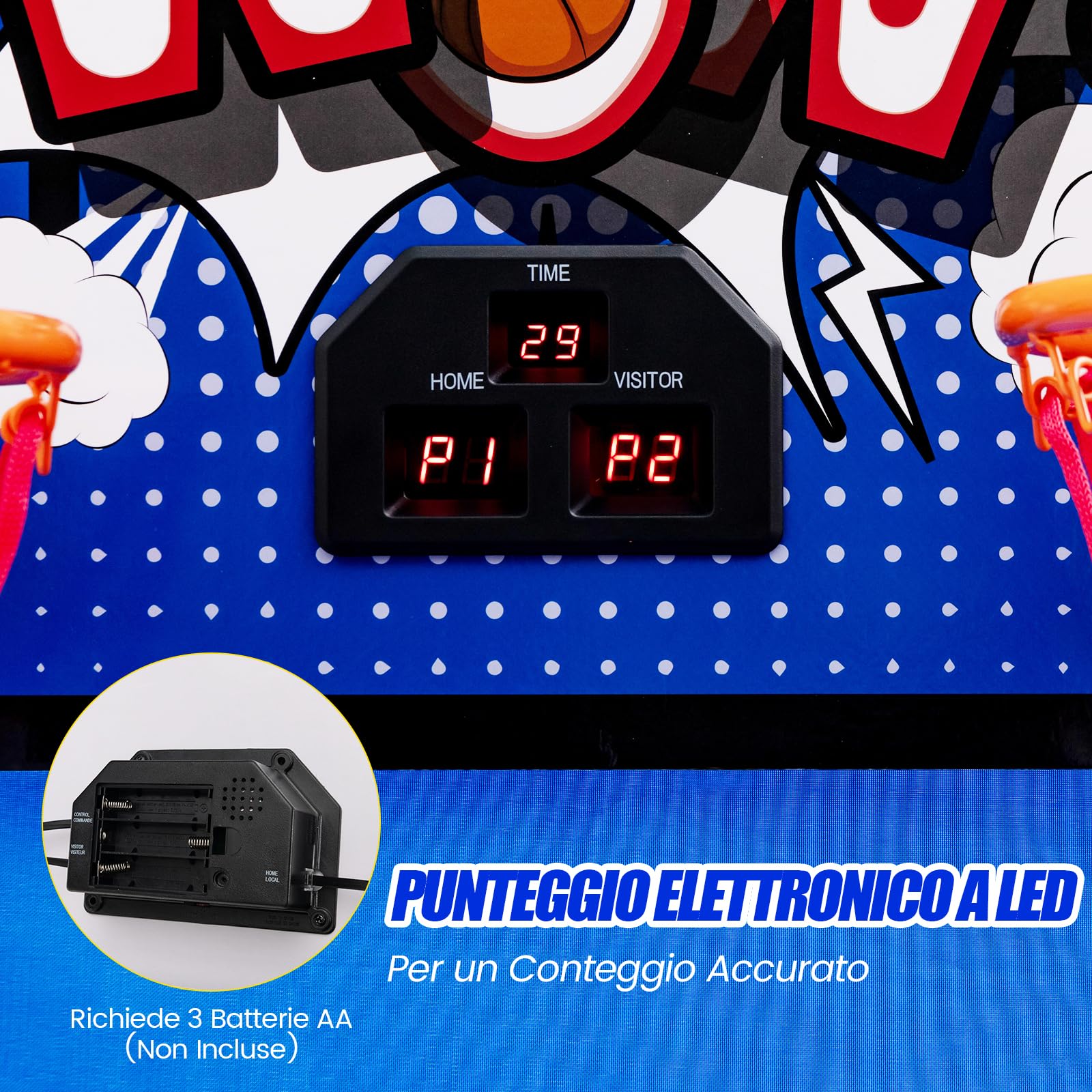COSTWAY Macchina da Pallacanestro Elettronica Pieghevole, Gioco Arcade da Basket a Doppio Tiro per Casa con 8 Modalità di Gioco, Suono Arcade, Punteggio Elettronico, 4 Palloni e Pompa (Blu)