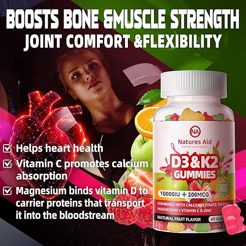 Miniatura 6 de Natures Aid Gomitas de Vitamina D3 K2 sin Azúcar con Calcio + K2 (MK-7), Citrato de Magnesio, Vitamina C, Fuerza Extra - Absorción Máxima para