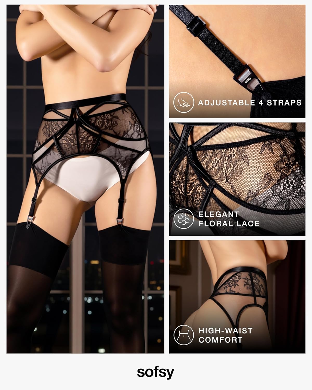 sofsy 4-Strap Retro Lace Garter Belt with Custom Metal Clips | Adjustable High Waist Mesh Lingerie for Women's Stockings - Image 5