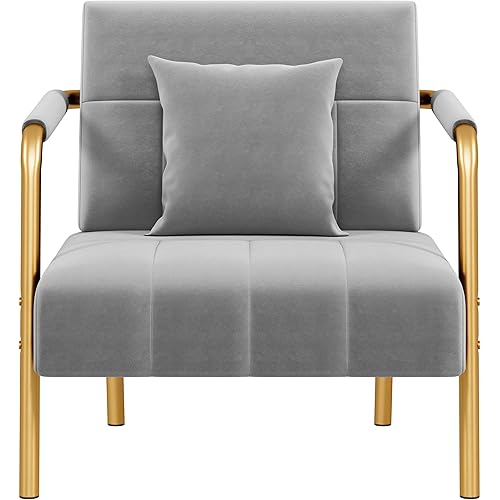 Yaheetech 30" W Accent Chair Velvet Oversized Armchair Living Room Chair with Golden Frame & Cozy Pillow for Living Room, Bedroom, Office Light Gray