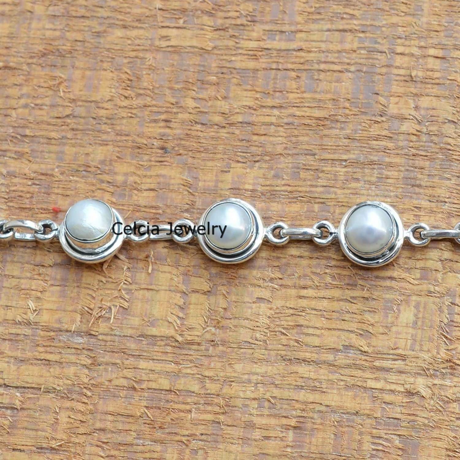 Bracciale in argento sterling puro 925 per donne e ragazze, braccialetto di perle naturali con pietre preziose Bracciale artigianale unico per lei o lui