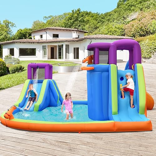 Miniatura 8 de BOUNTECH - Parque acuático inflable, doble tobogán acuático con pared de escalada, piscina grande para zambullidas, cañón de agua, aro de