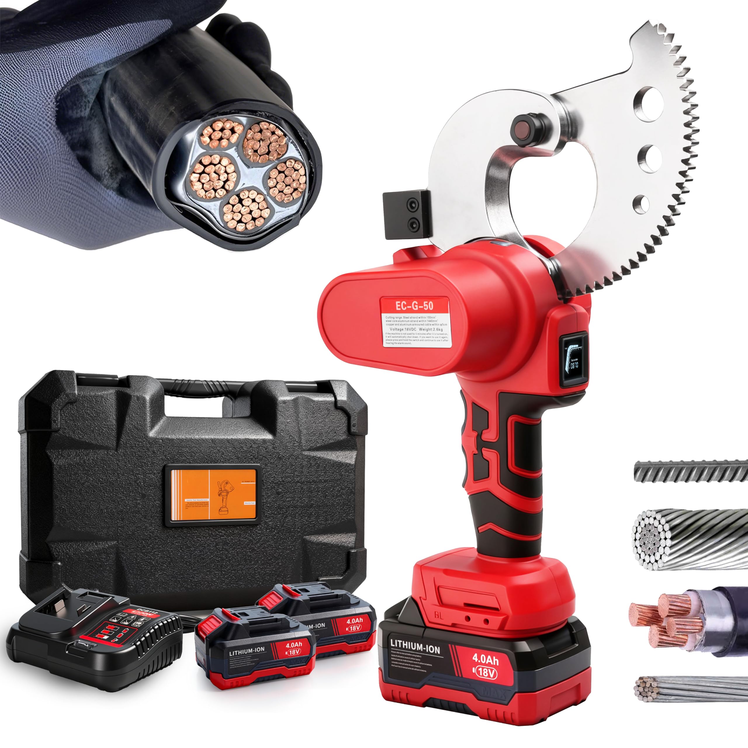 18V Cordless Battery Electric Ratcheting Cable Cutter Heavy Duty | (1000 MCM Copper/ Aluminum, 1590MCM ACSR, Armored Cables, Reba); Portable Copper Cutting; LED Screen; Alloy Steel Blades Global Recycled Standard Global Recycled Standard Global Recycled Standard