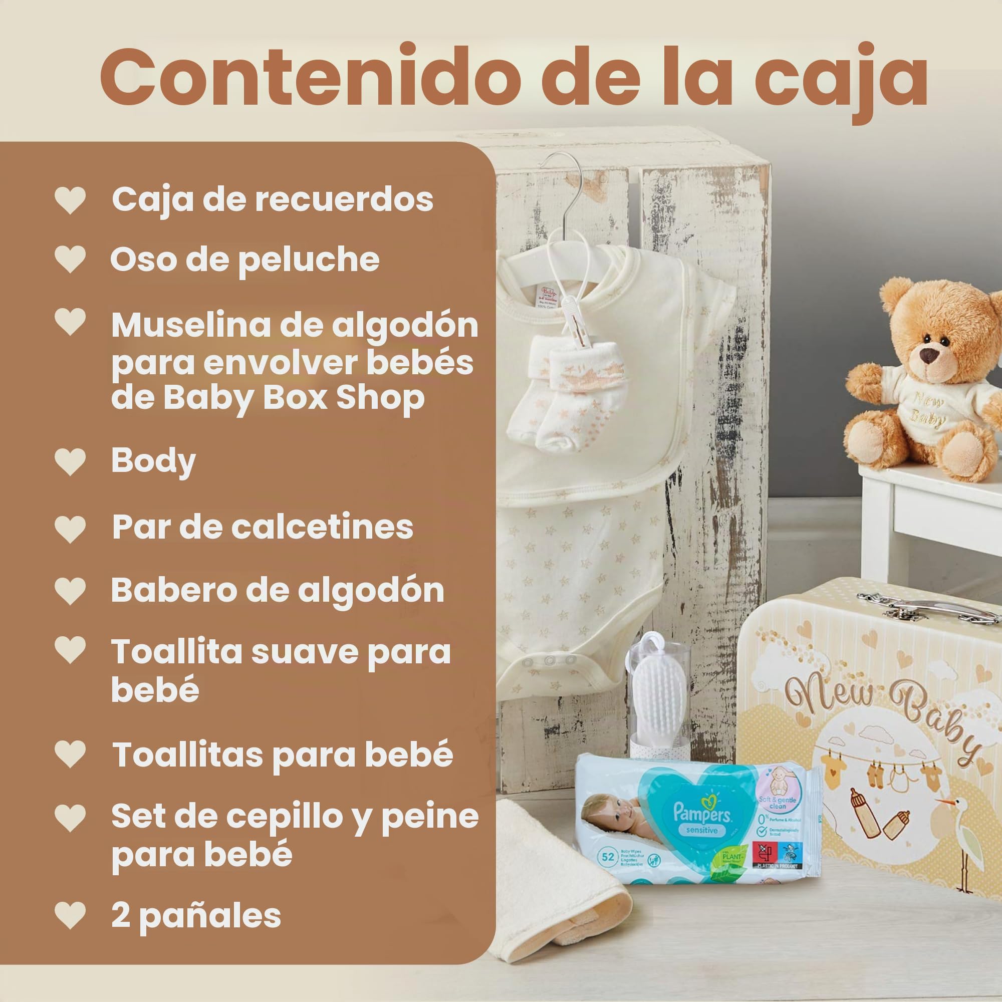 Cesta de Bebé Recién Nacido Estilo Maletín – Caja de Recuerdos de Bebé Crema con Osito, Muselina, Ropa y Otras Cosas de Bebé Esenciales - Cesta de Bebé para Baby Shower