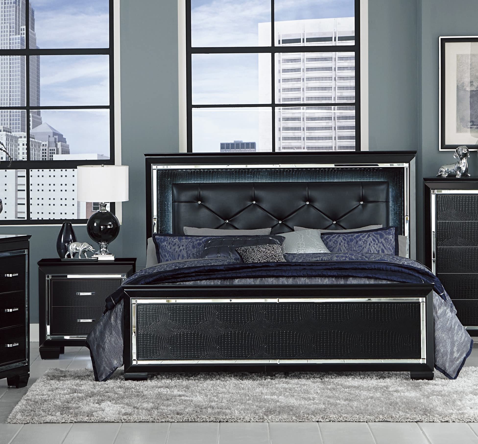 Glamorous Black Finish 3pc Bedroom Set Full Size Bed and Nightstands LED Lighting Tufted Headboard Modern Glam Style