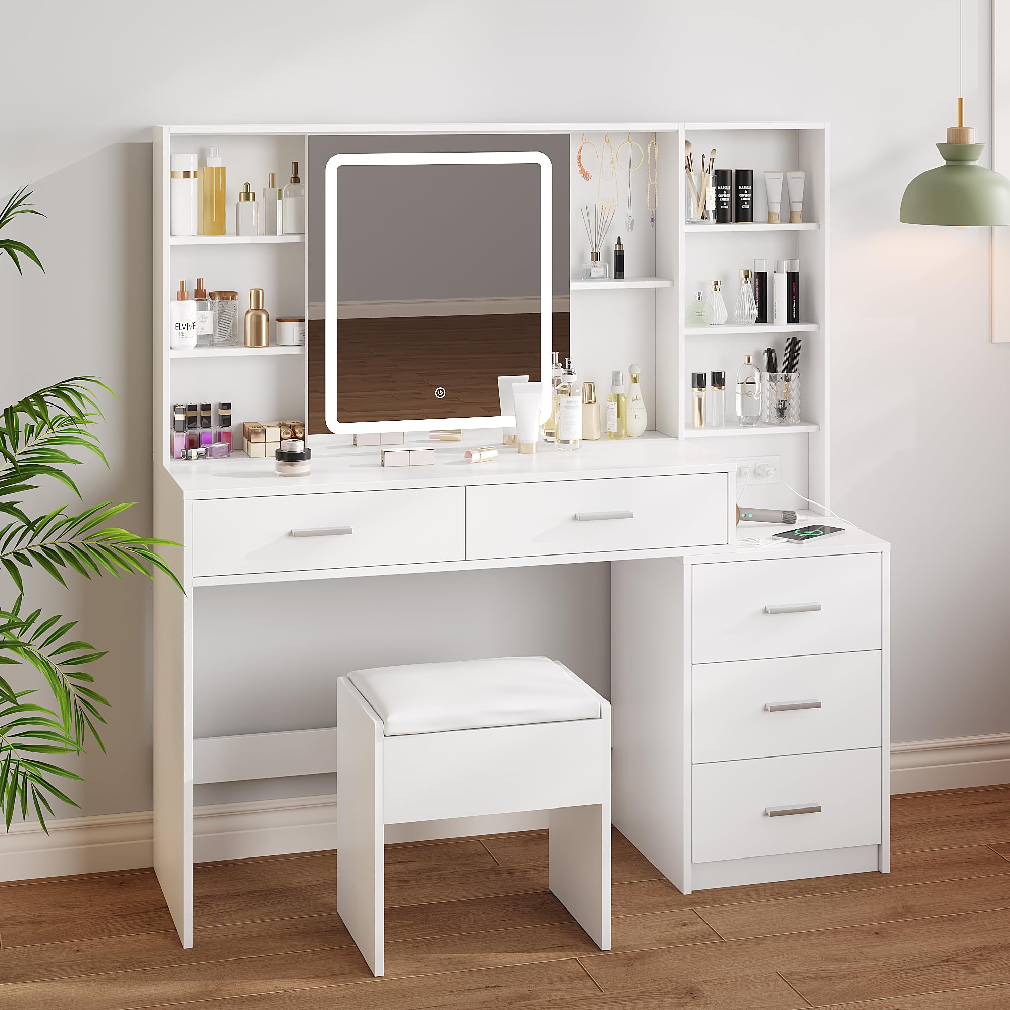Maupvit Makeup Vanity with LED Lighted Sliding Mirror, White Vanity Desk with 5 Drawers, Charging Station & Hidden Storage Shelves, Adjustable