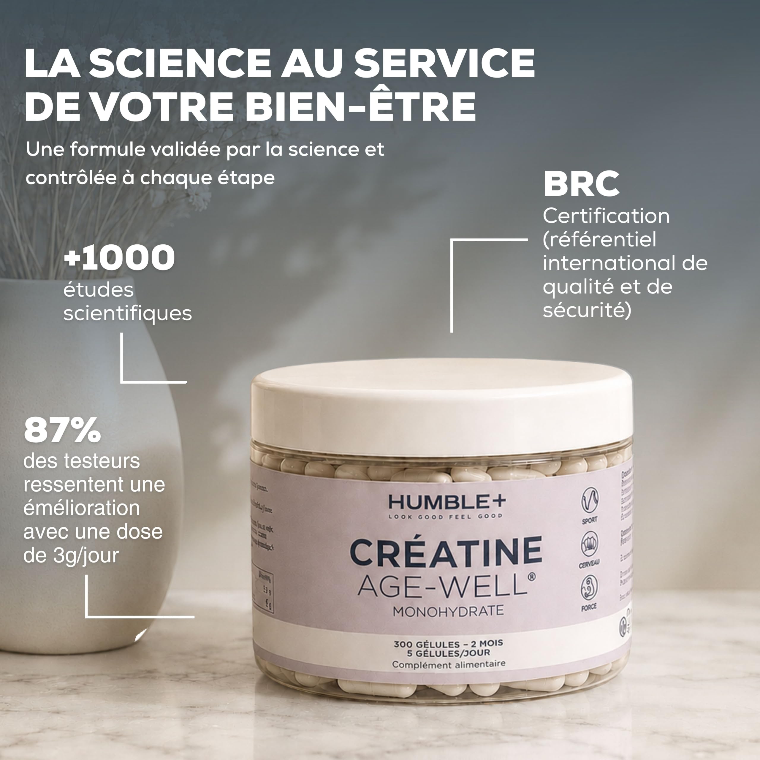 HUMBLE+ Créatine Monohydrate Age-Well® Gélules - 300 Gélules - 2 Mois | Créatine pure monohydrate, 3 g par jour, 300 gélules - Format 2 mois - Complément alimentaire - Marque Française