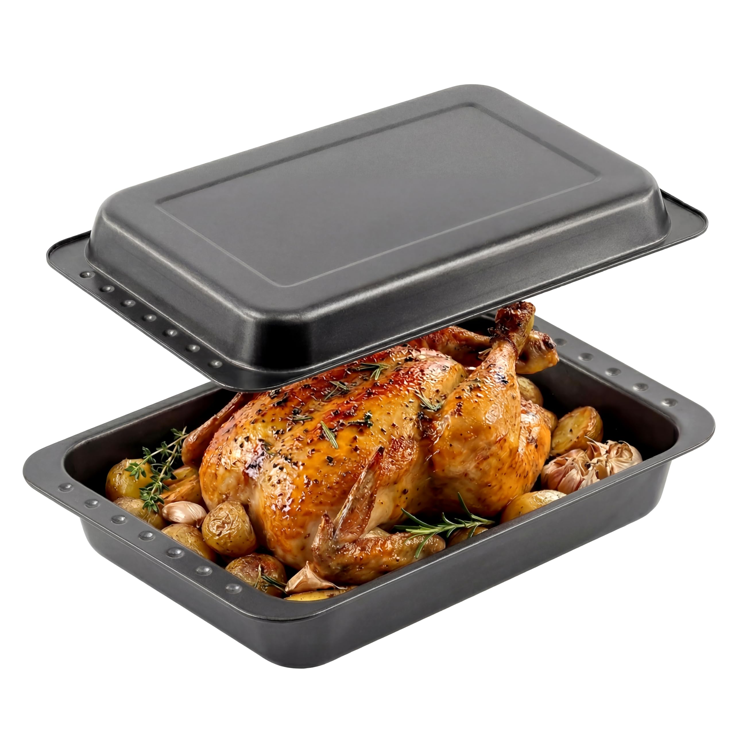 GEEZY 2-in-1 Deep Roasting Tin with Lid, 41 x 26.5 cm - Non Stick Baking Tray Set for Meat, Chicken, Lasagne & Vegetables - Carbon Steel Oven Dish Pan Kitchen Cookware