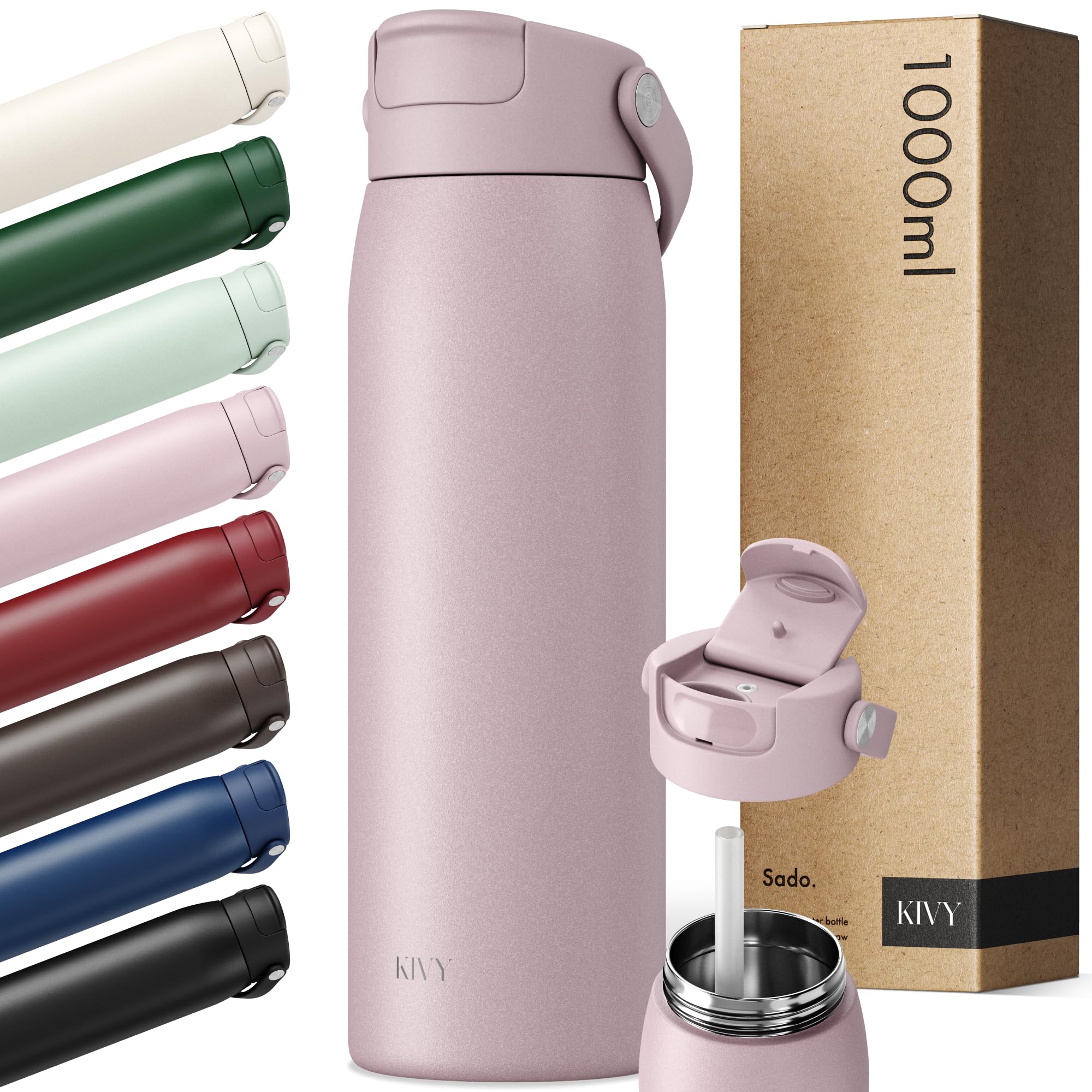 KIVY Edelstahl Trinkflasche mit Strohhalm 1l - 24h Kalt | 12h Heiß - Ausflaufsicher & Spülmaschinenfest - Isolierte Trinkflasche 1l Sport - Thermo Flasche - Wasserflasche Edelstahl - Thermosflasche