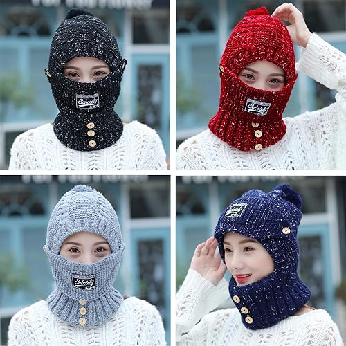 Miniatura 10 de 2 en 1 para mujer, bufanda de punto, sombrero elástico cálido de invierno con protectores de oídos, gorra integrada a prueba de viento para