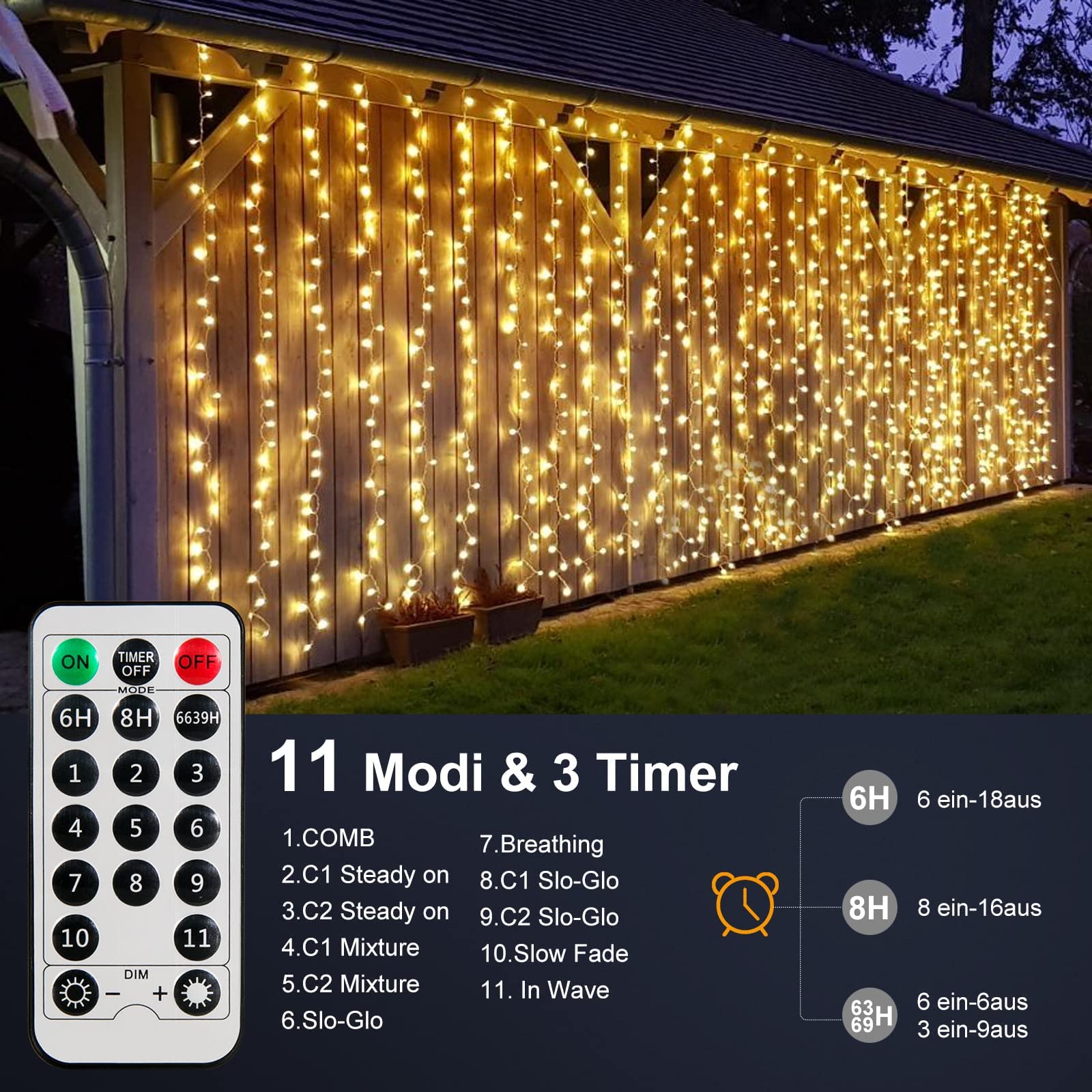 XIBOO 600 LED Tenda Luminosa 2 in 1 Colore 6M x 3M Tenda di Luci 11Modalità con Telecomando Impermeabile LED Luci Natali per Interno or Esterno Catene Luminose Decorative (Bianco Caldo & Freddo)…