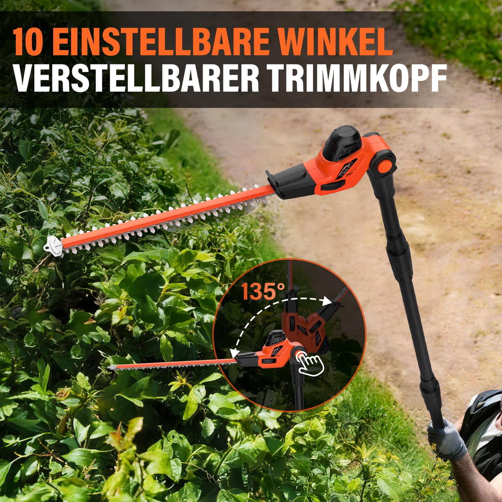 MAXLANDER Akku Heckenschere 45 cm Stabheckenschere | 4,5 m maximale Reichweite mit Verlängerungsstange, in Mehreren Winkeln verstellbar mit Akku und Ladegerät